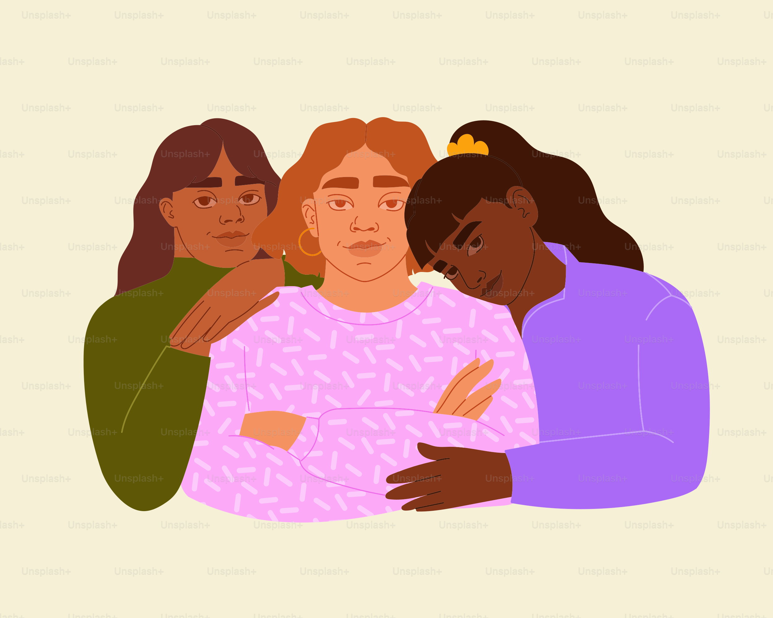 Três mulheres se abraçando com gestos de apoio