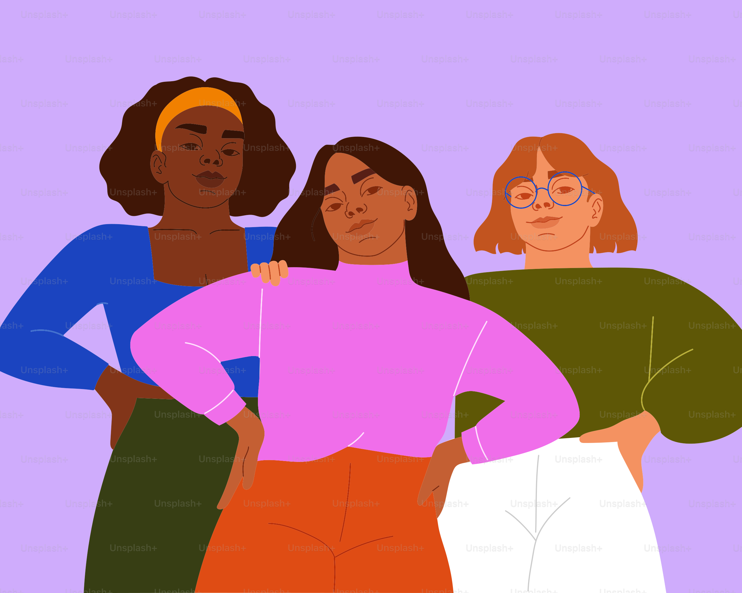 Três mulheres ficam juntas com poses confiantes.