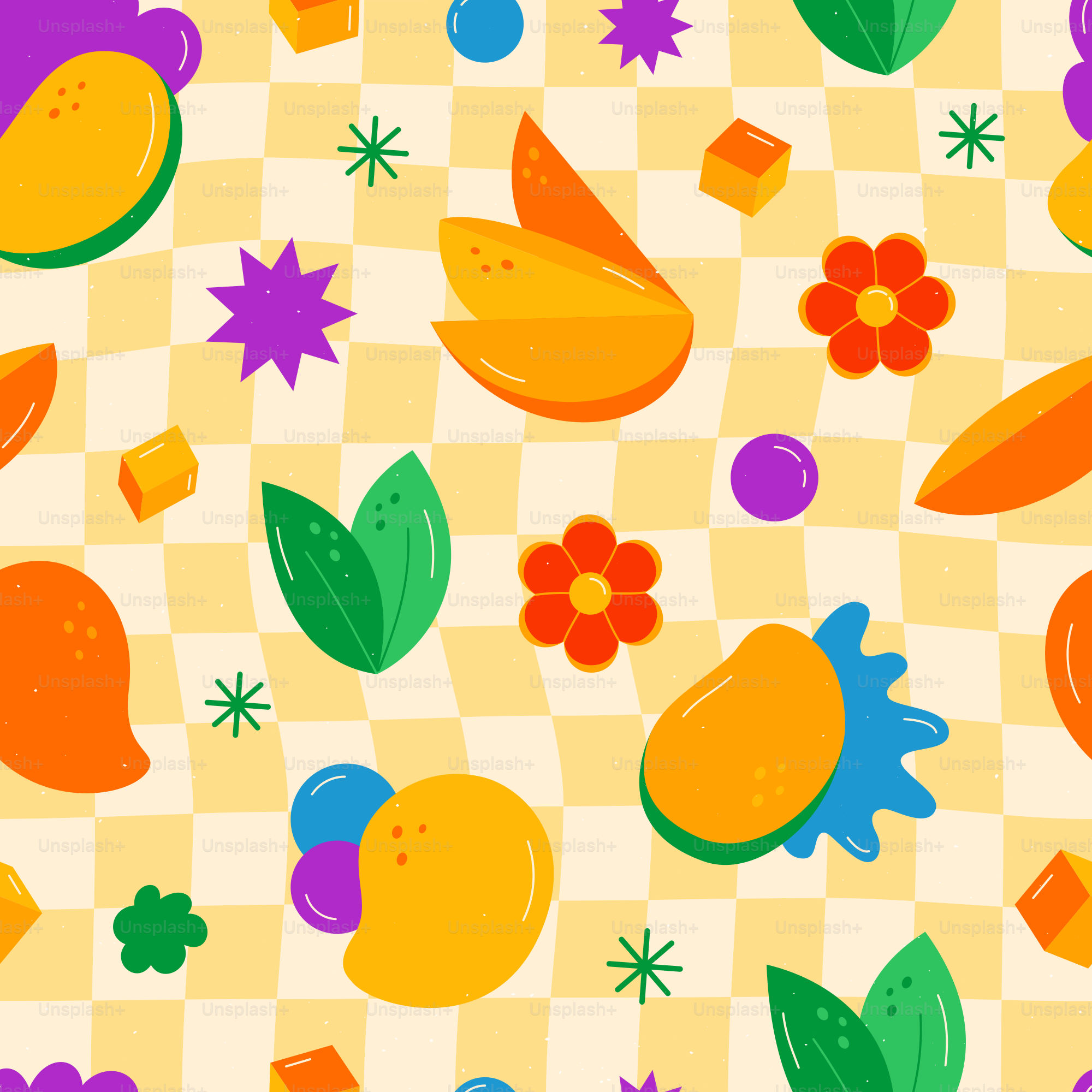 Colorful abstract pattern with mangoes and flowers