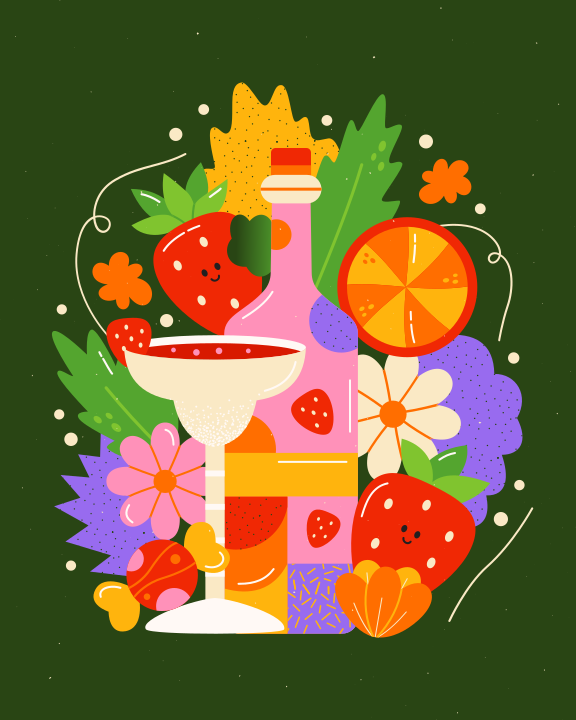 A bottle of wine surrounded by fruit and flowers