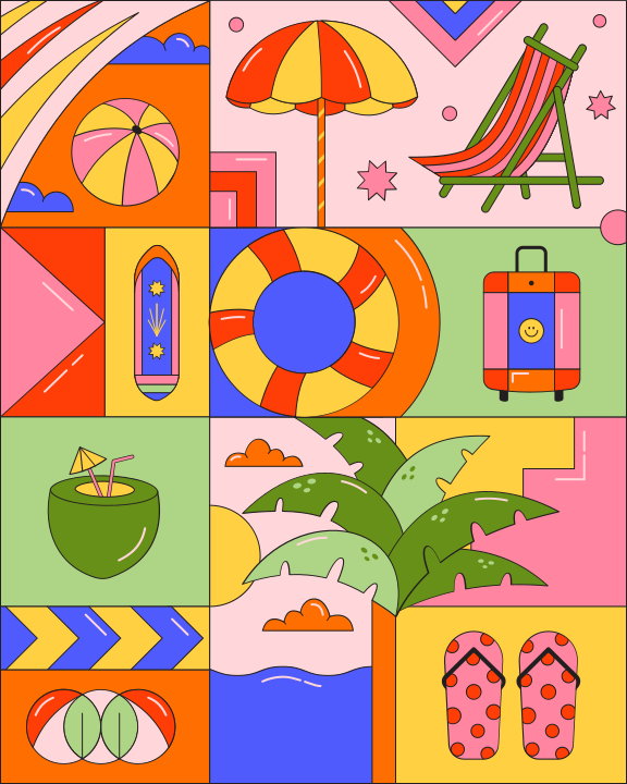 Beach vacation icons in a colorful, geometric layout.