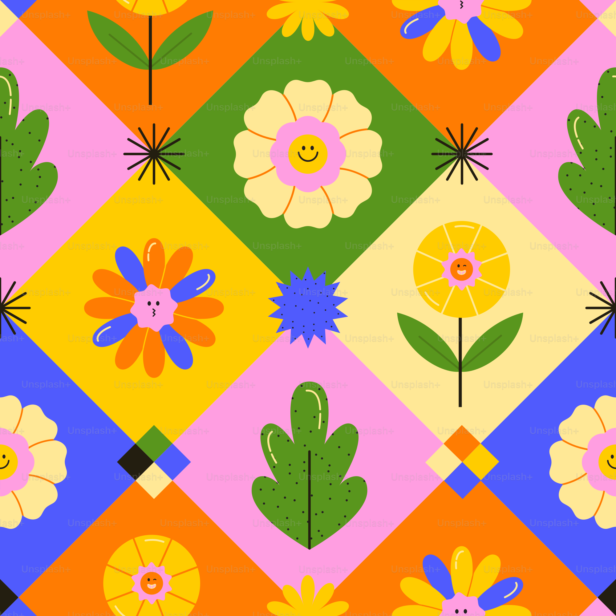 Colorful retro floral pattern with smiling flowers