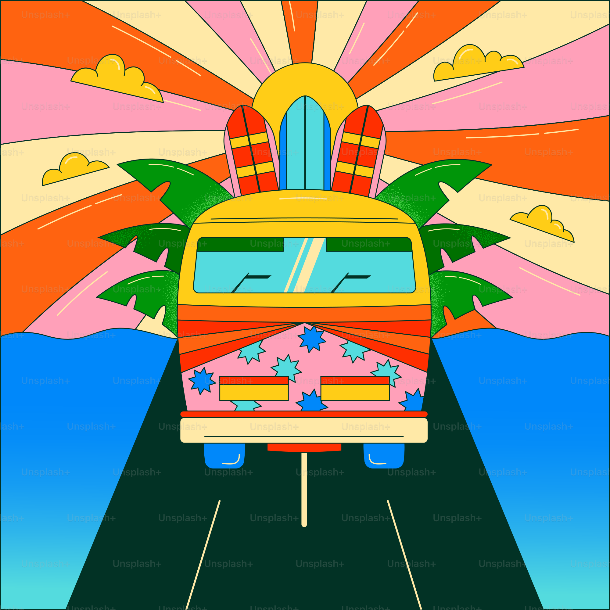 Retro van with surfboards driving towards a sunset.
