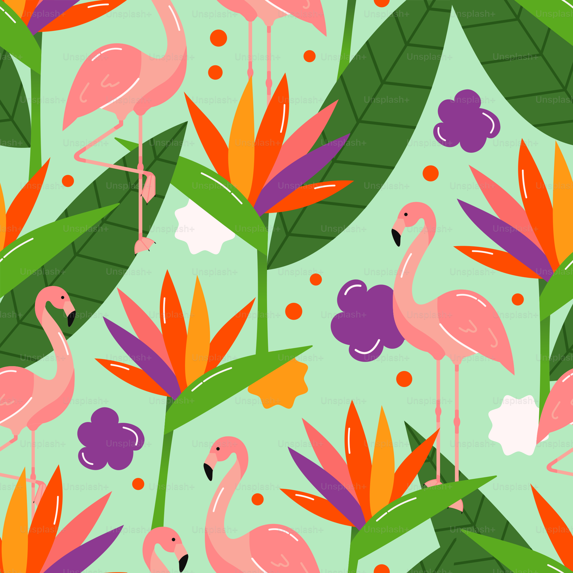 Pink flamingos and tropical flowers on a light green background