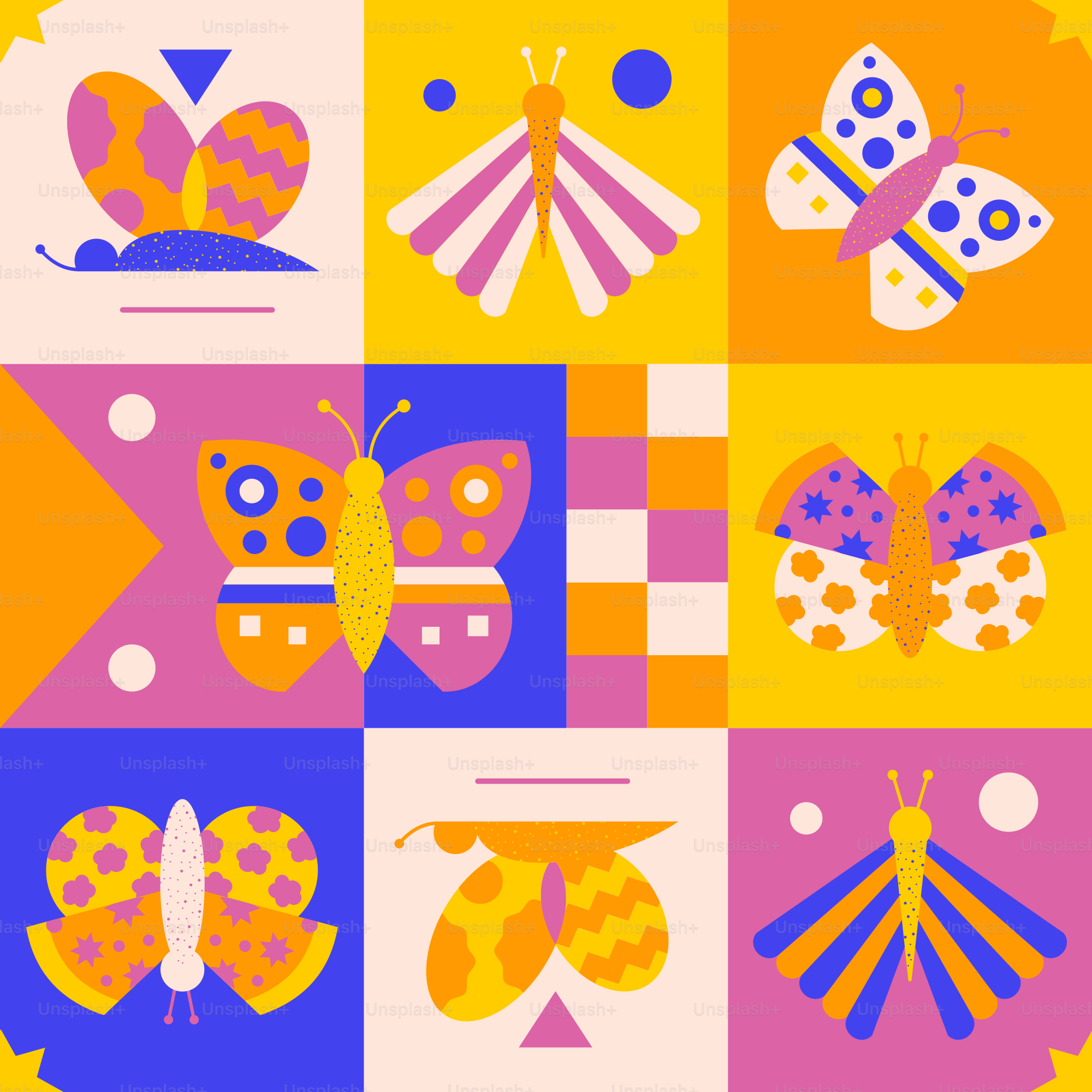 Colorful abstract butterflies in a grid pattern