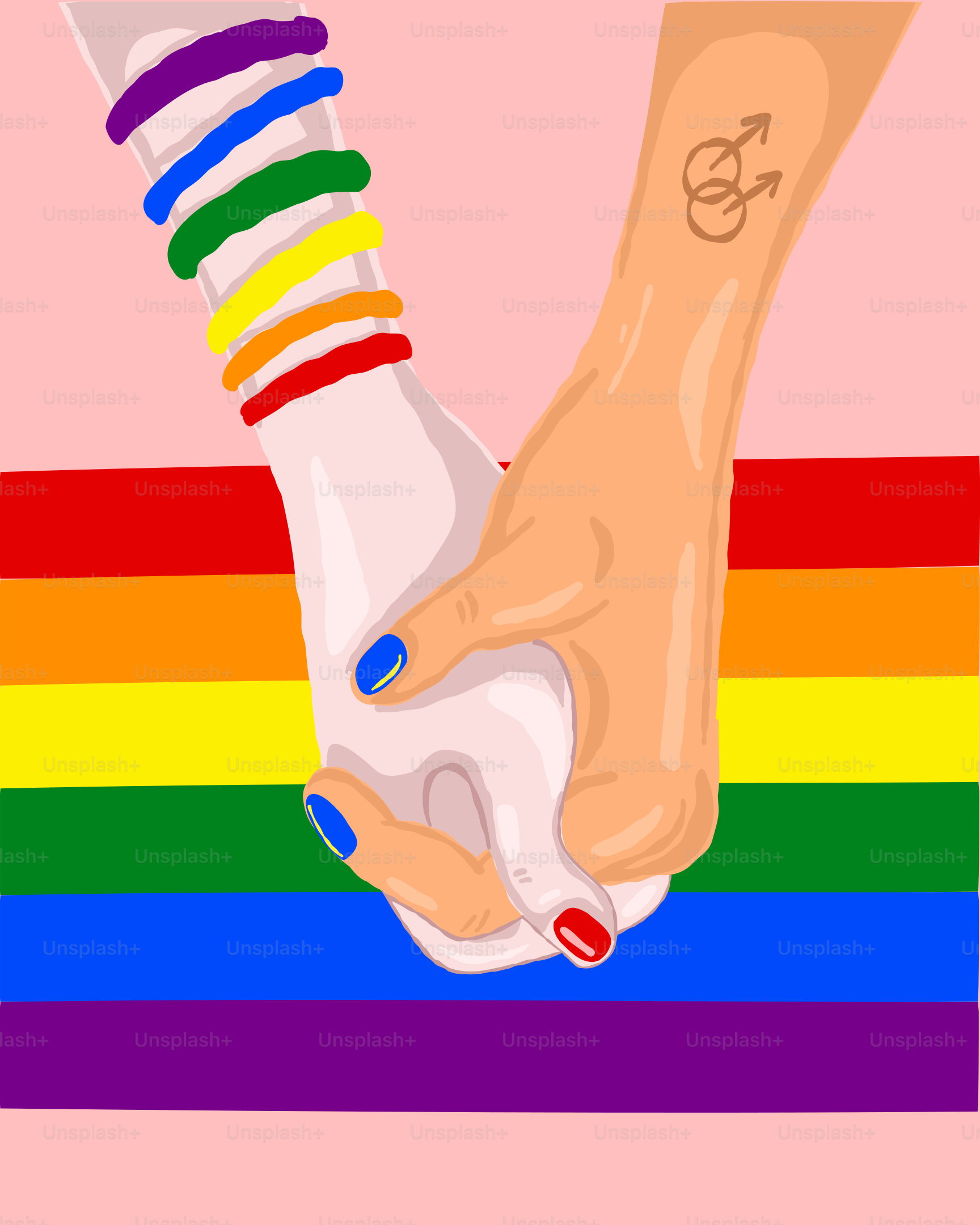 Two hands holding, rainbow flag background.