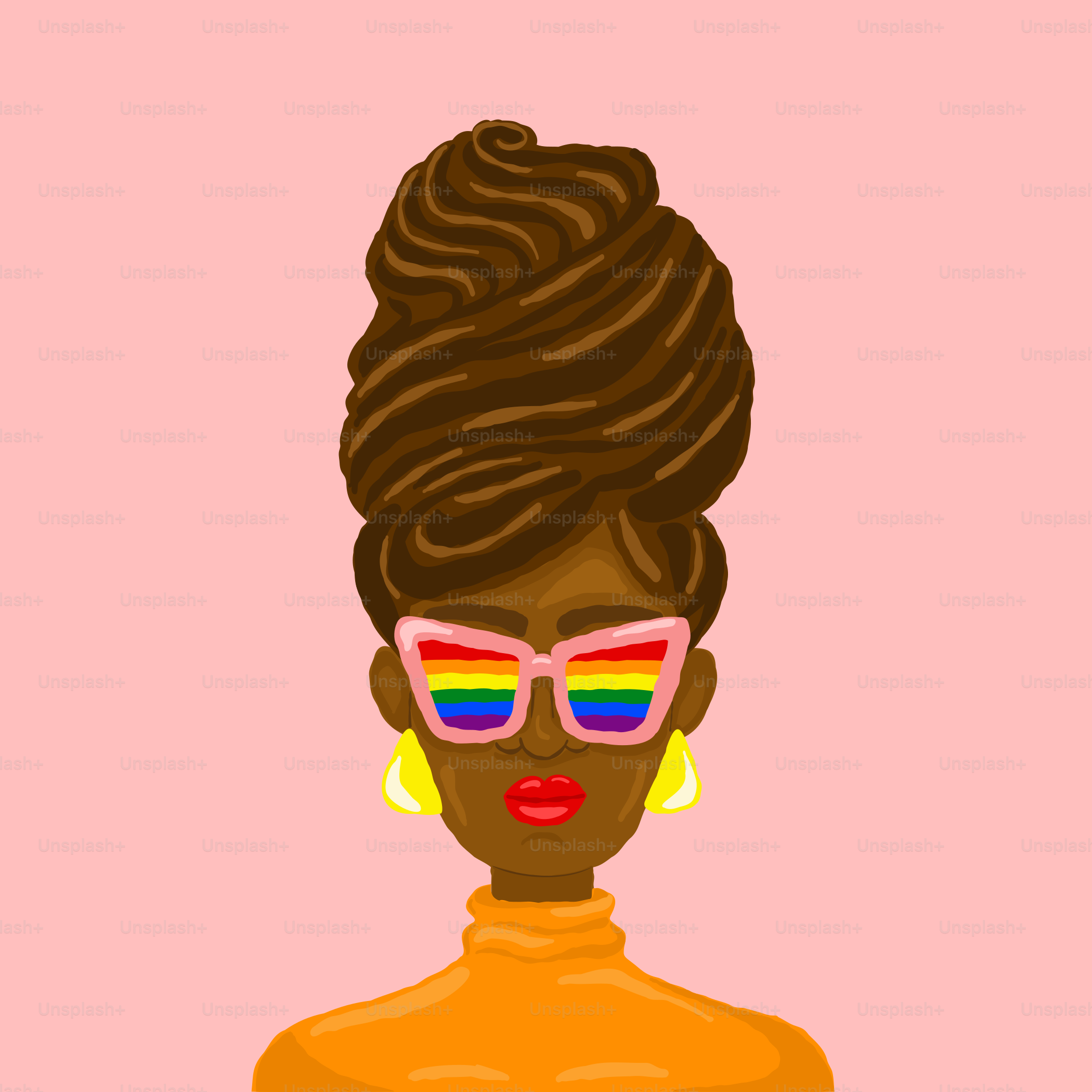 Femme avec des lunettes de soleil arc-en-ciel et un col roulé orange