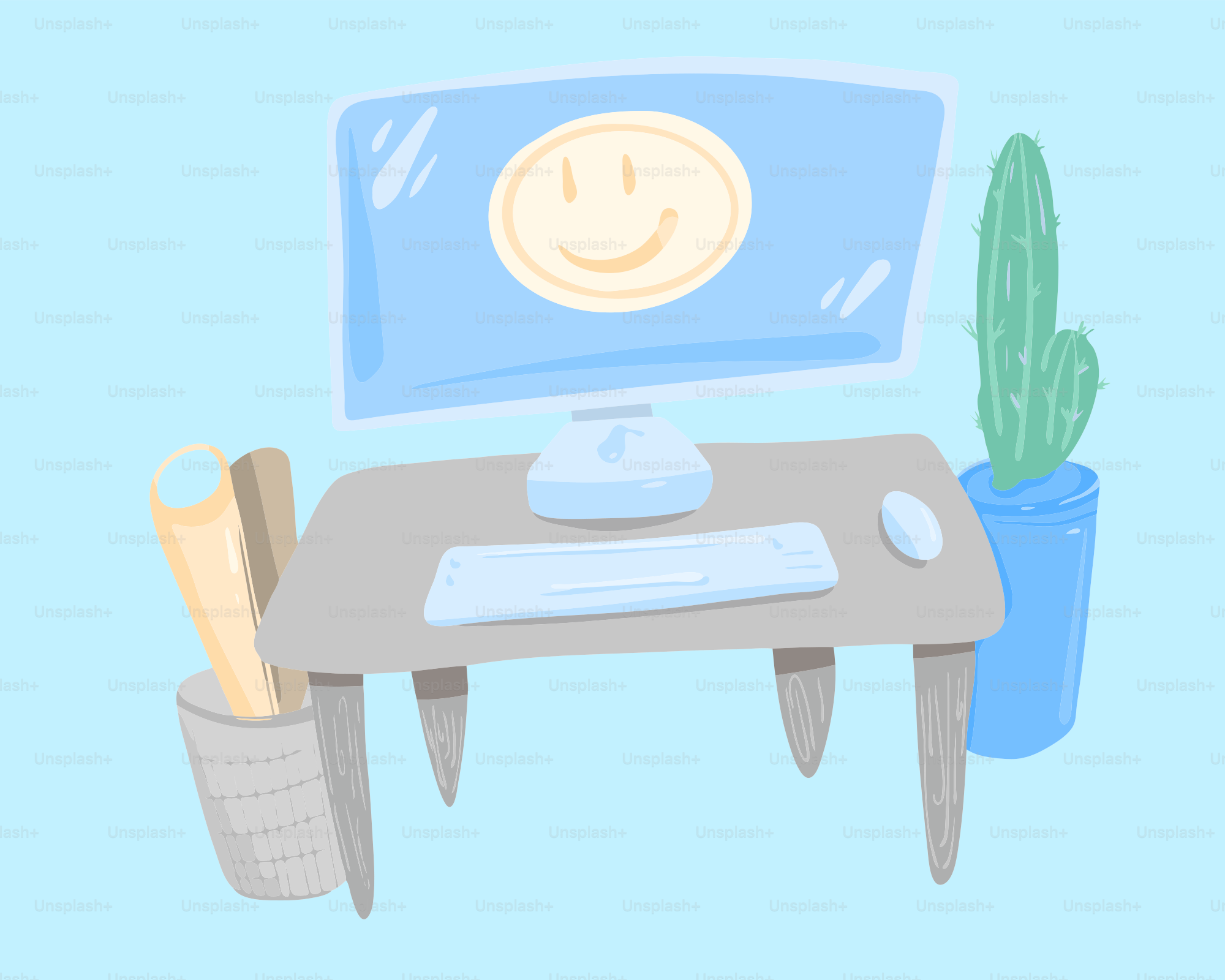 A desk with a computer, keyboard, mouse, and cactus.