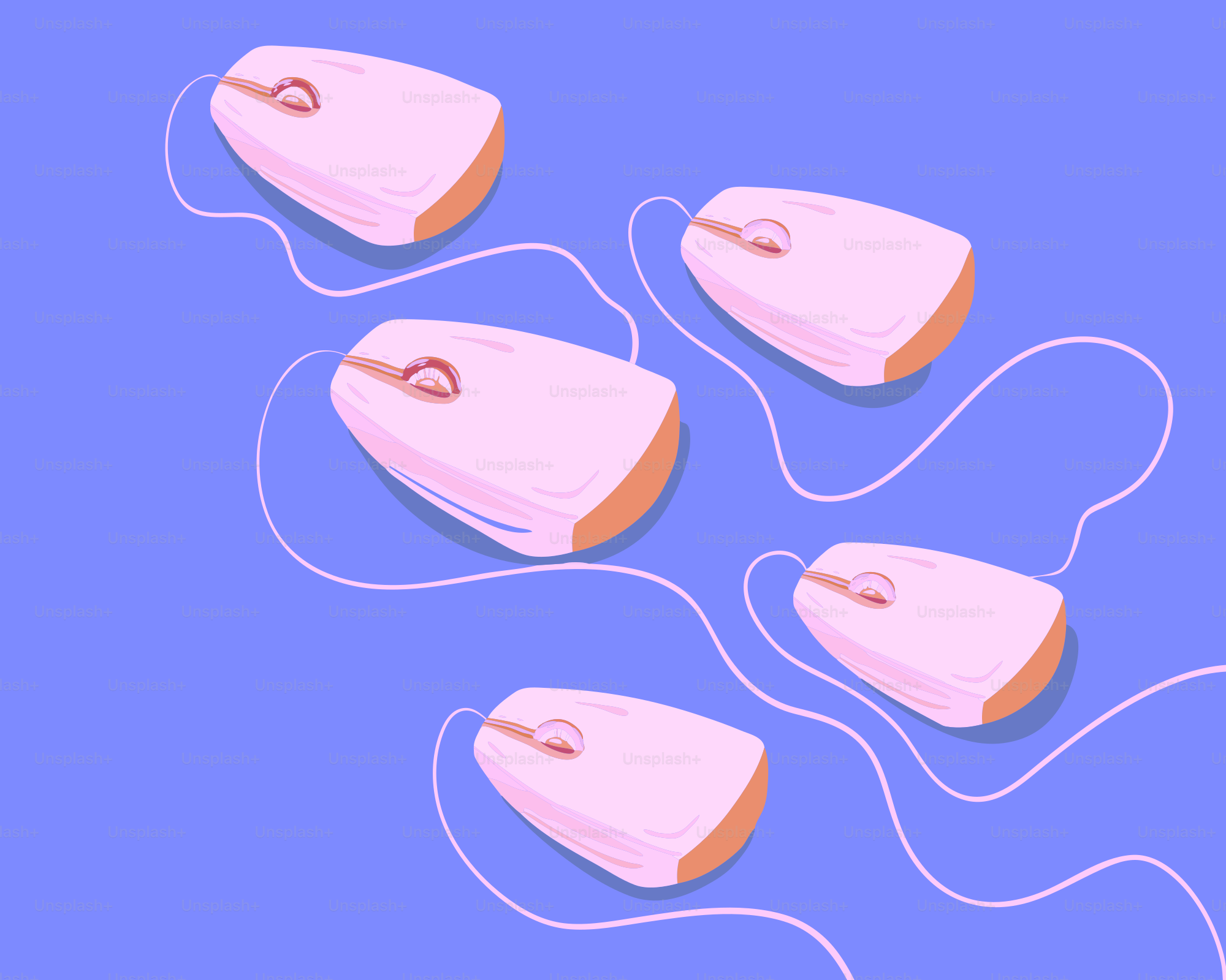 파란 배경에 분홍색 컴퓨터 마우스 다섯 마리가 있습니다