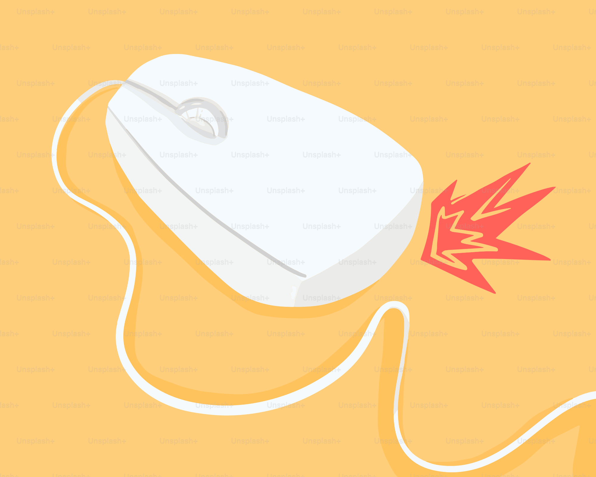 Um mouse branco de computador com um gráfico de explosão vermelha