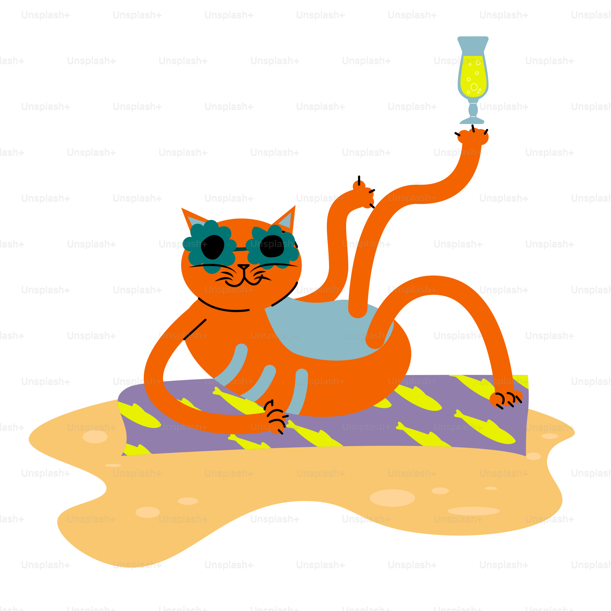 Orange cat wearing sunglasses relaxes with a drink.
