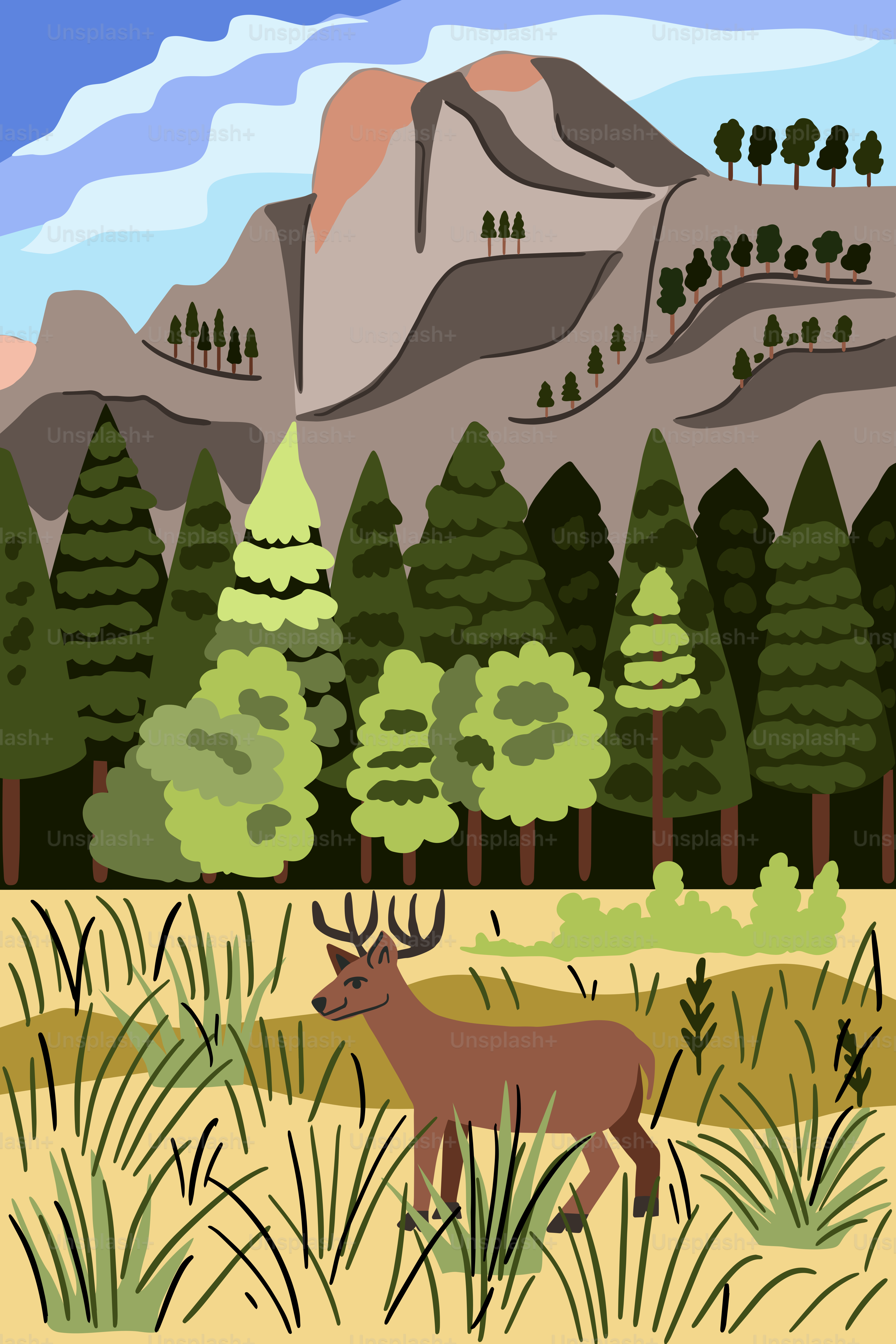 A deer stands in a field with mountains and forest.