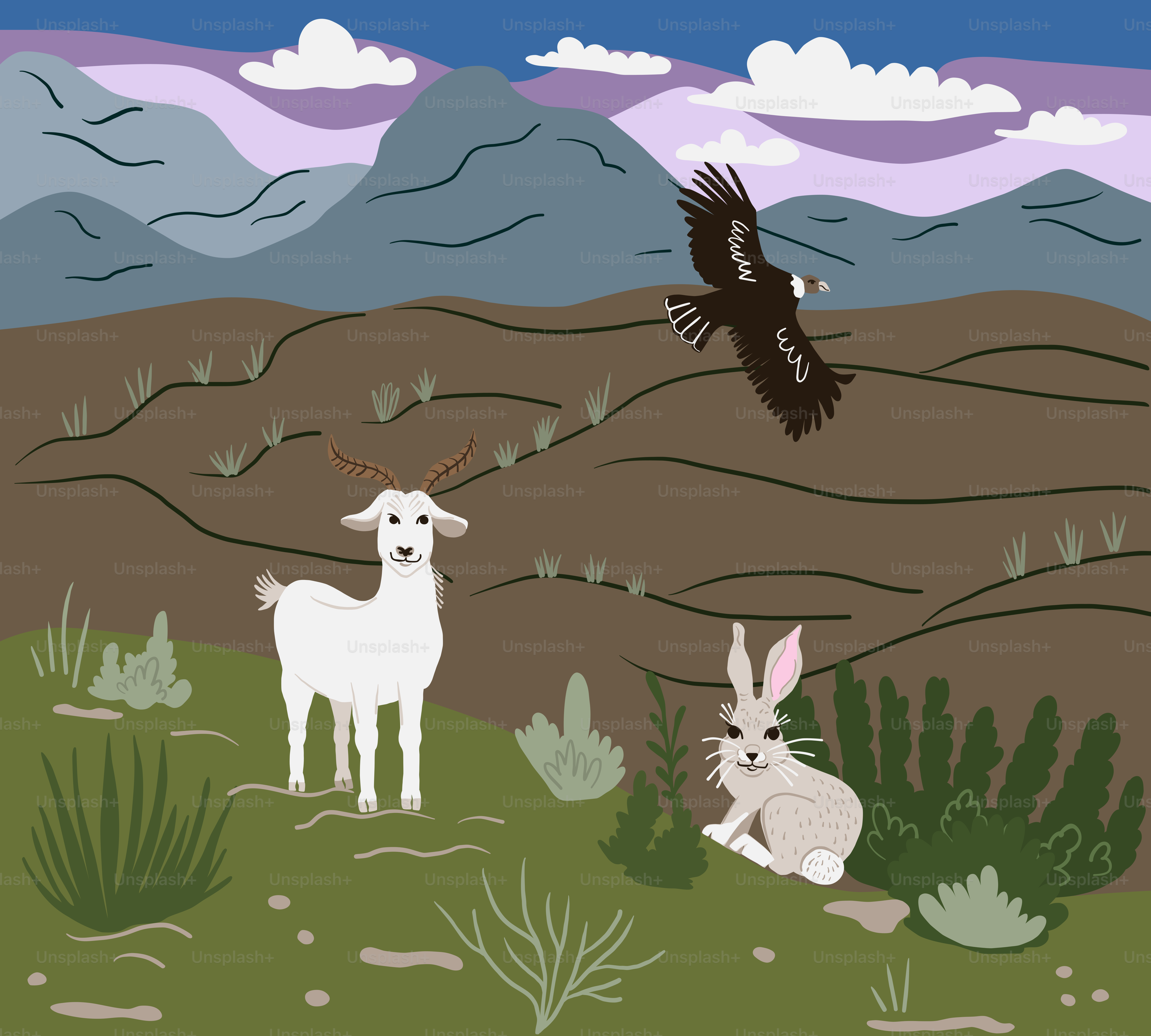 Eine Ziege, ein Kaninchen und ein Adler in einer bergigen Landschaft.