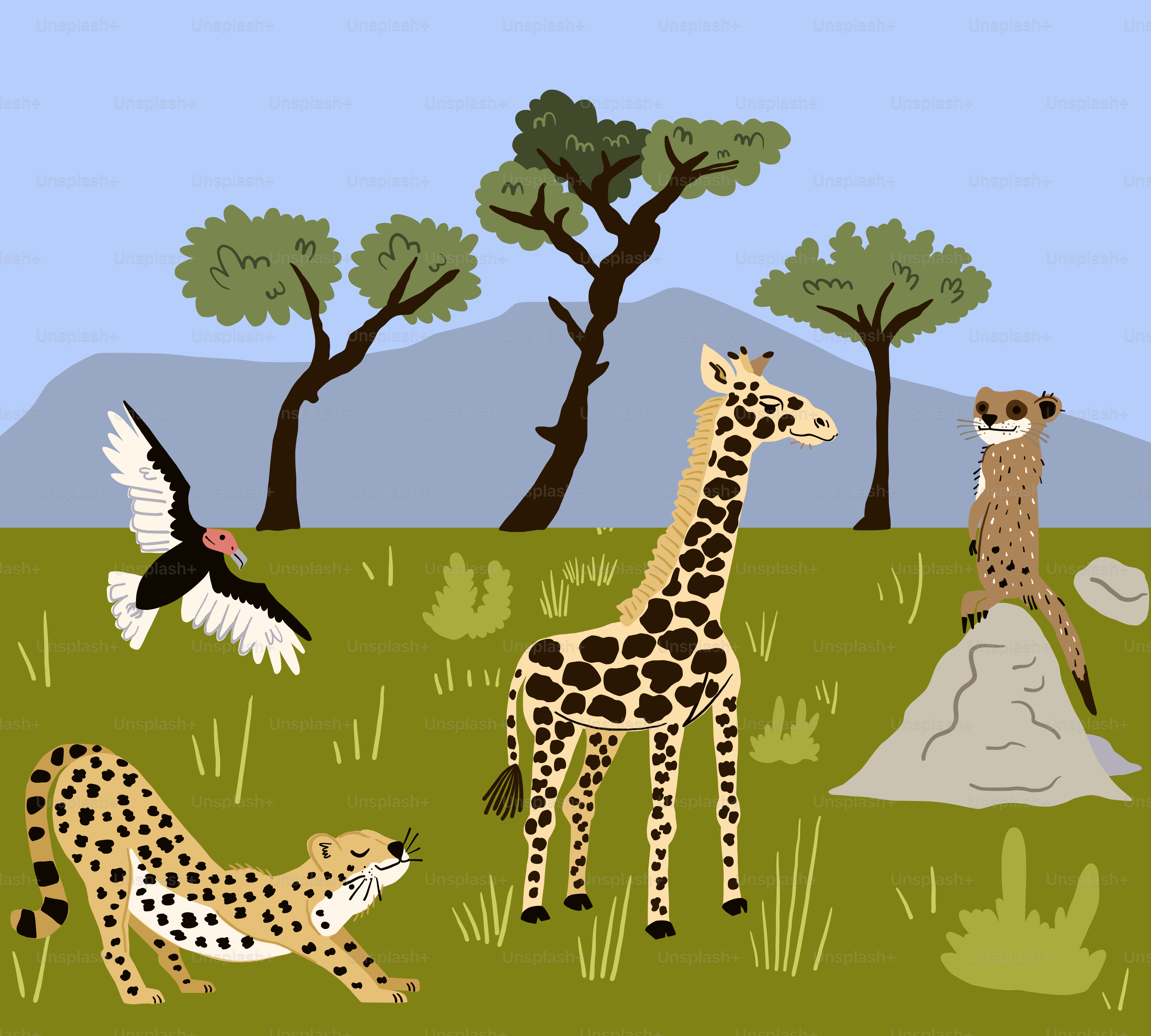 사바나 풍경 속의 기린, 치타, 미어캣, 독수리.