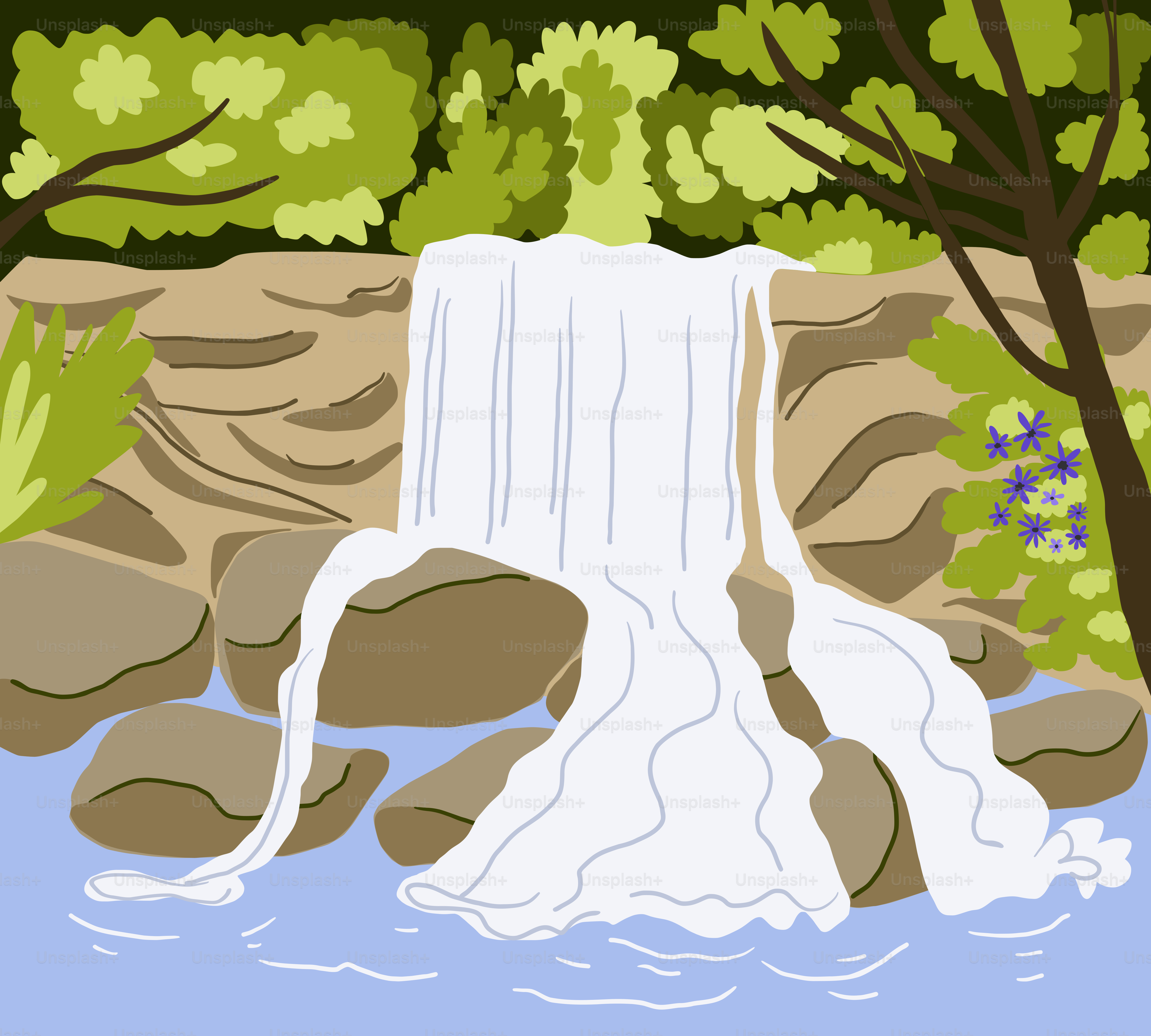 A waterfall cascades over rocks into a stream.