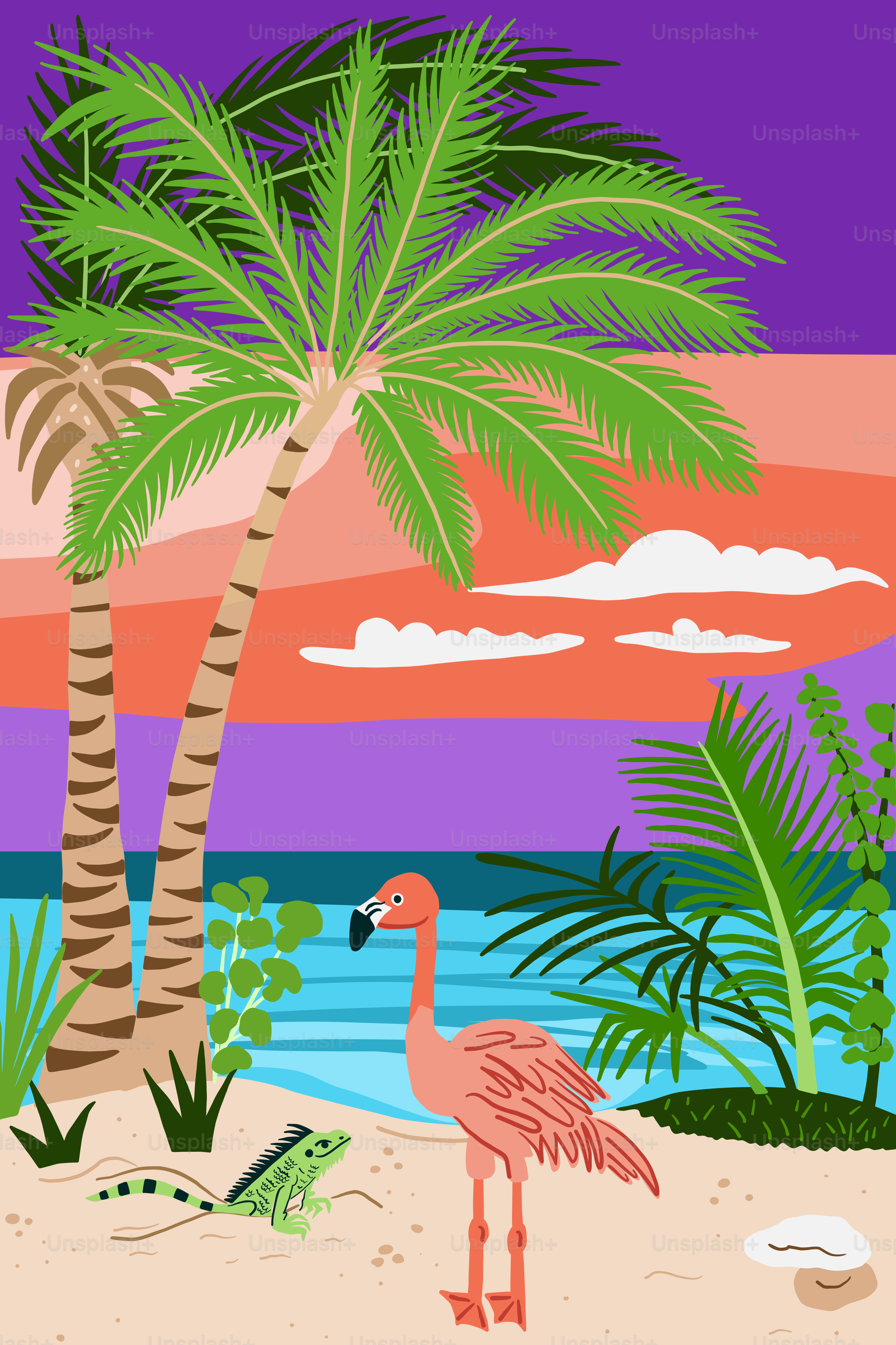 Flamingo e iguana em uma praia tropical ao pôr do sol