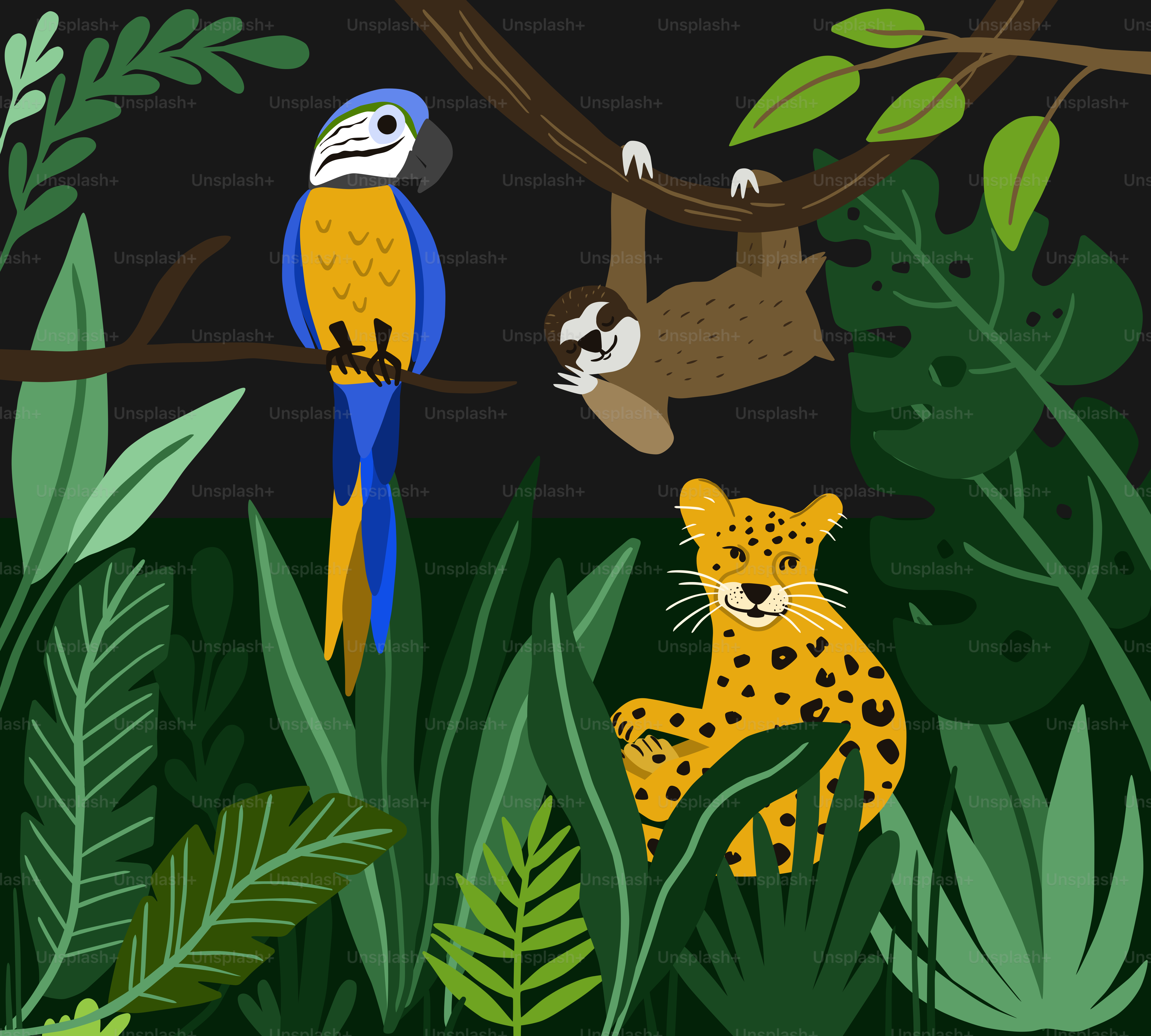 Guacamayo, perezoso y jaguar en una jungla oscura
