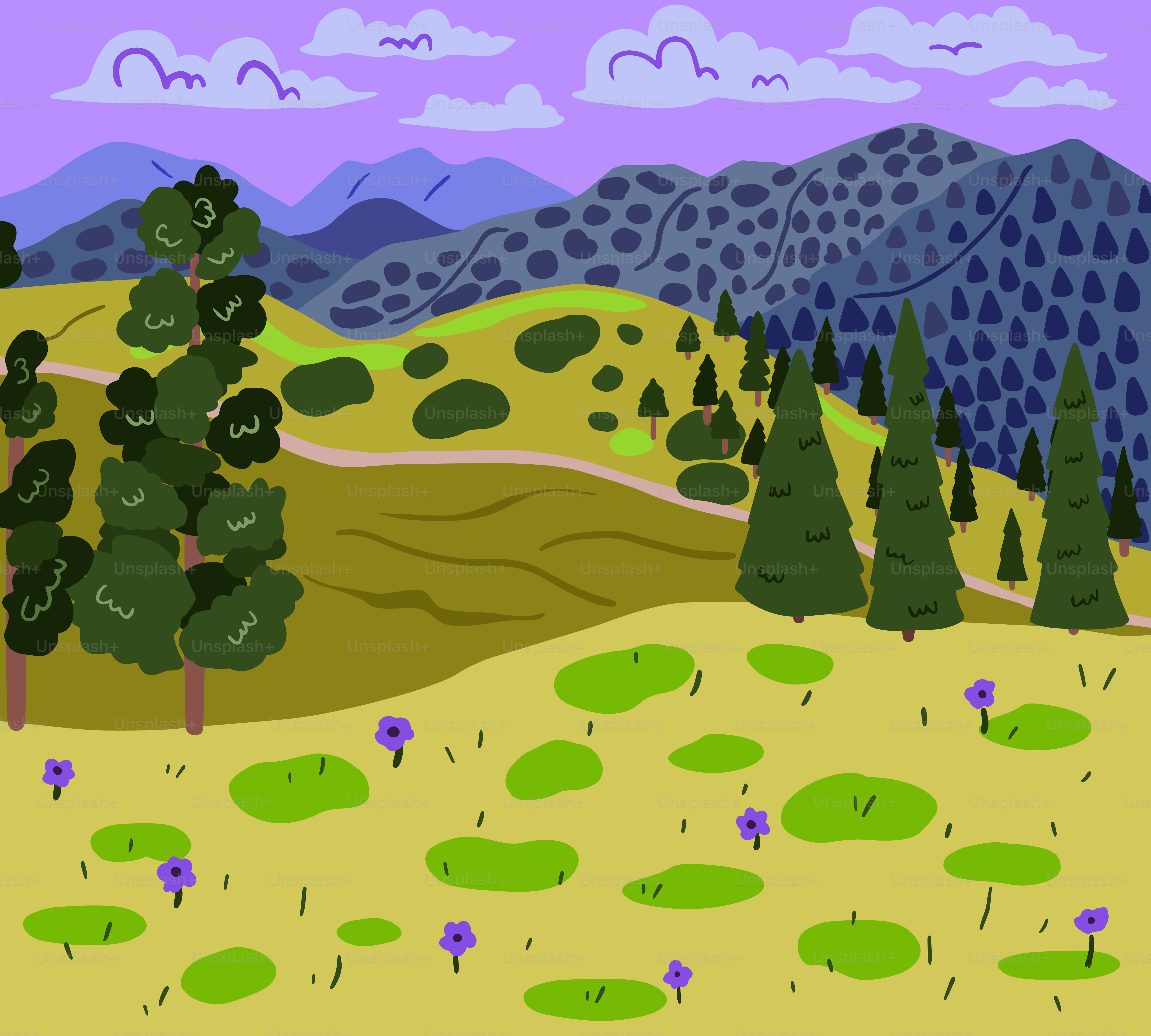 Paysage stylisé avec des collines ondulantes et des montagnes