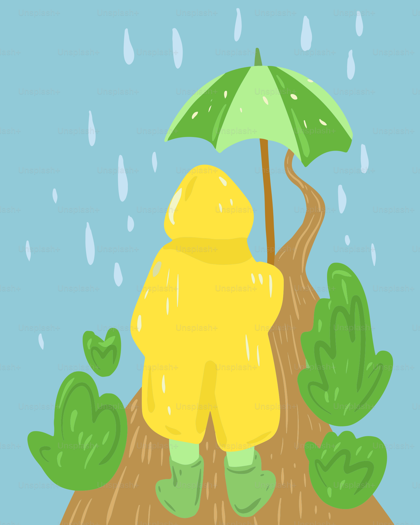 Person in yellow raincoat holding green umbrella in rain