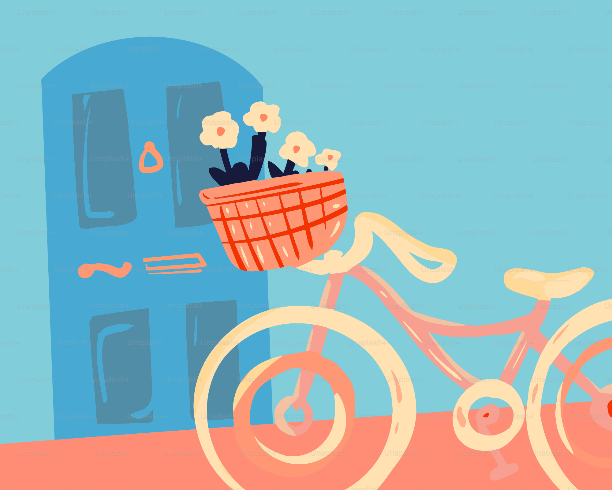 Uma bicicleta rosa com flores na cesta.