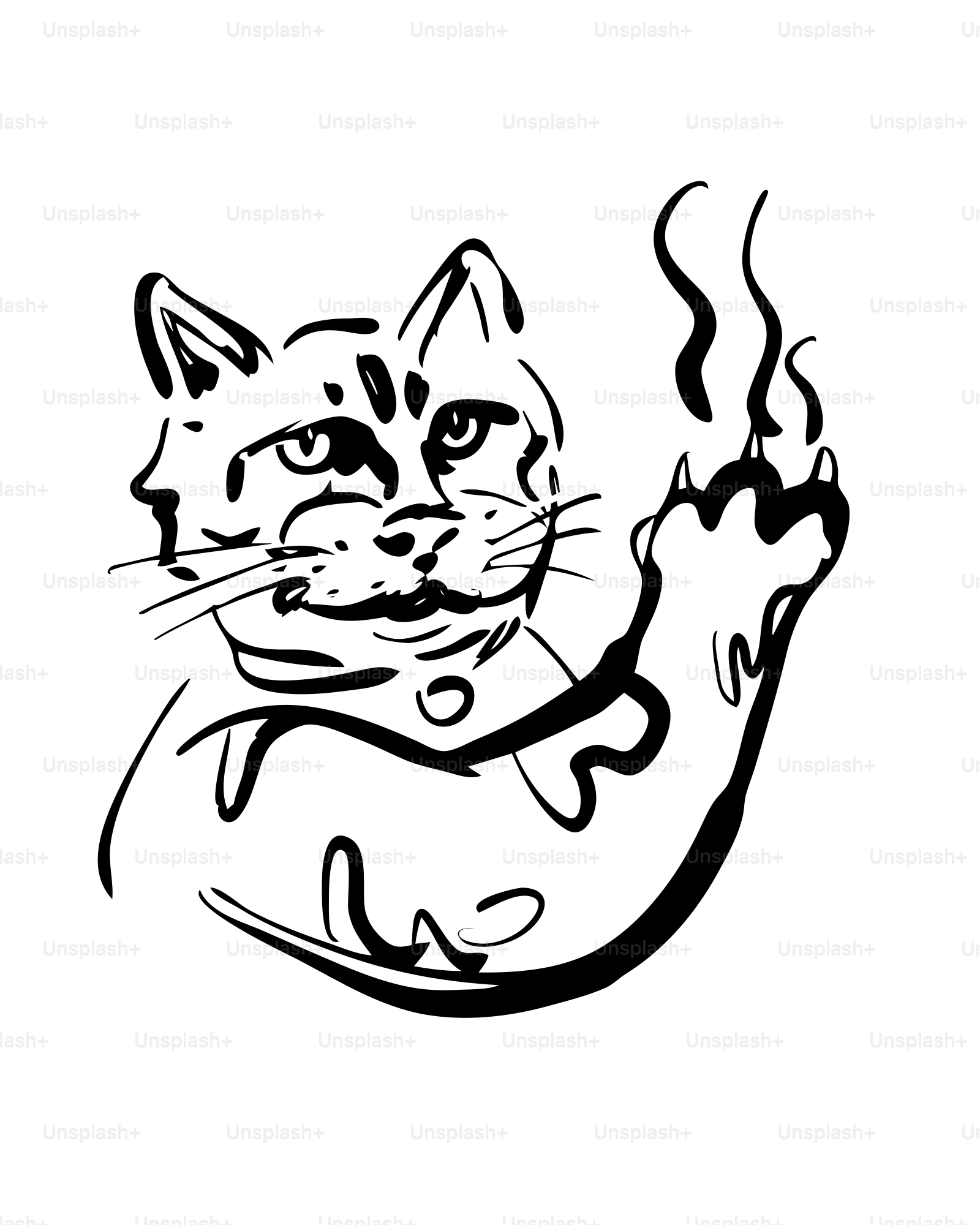 A stylized drawing of a cat with a raised paw.