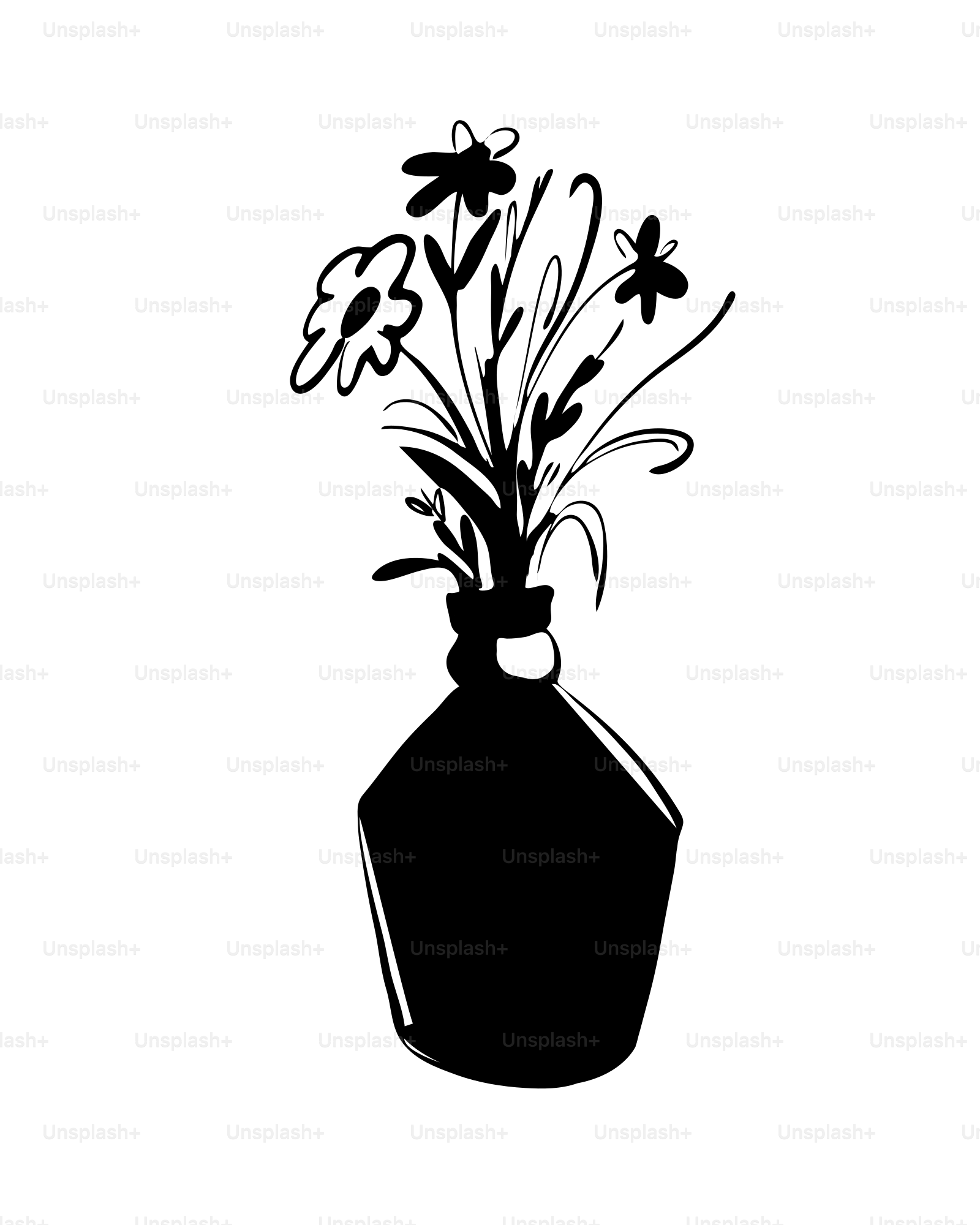 A black silhouette of flowers in a vase