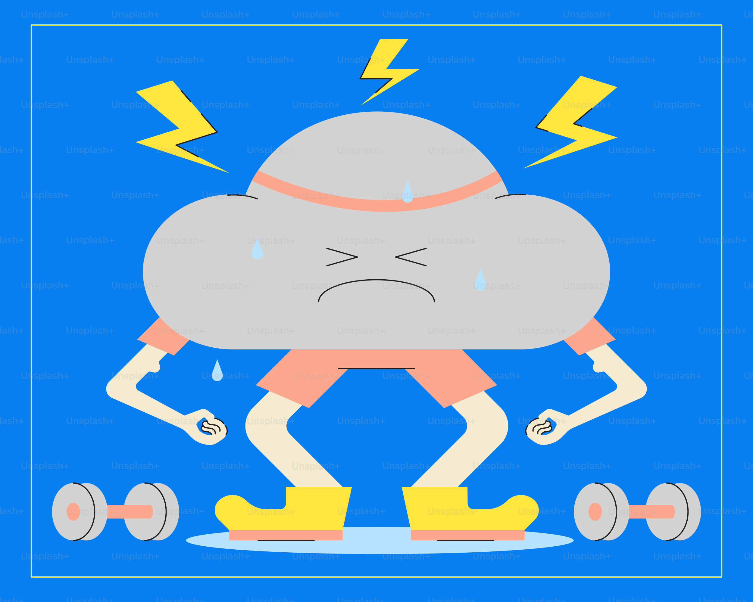 A cartoon cloud with arms and legs lifting weights.