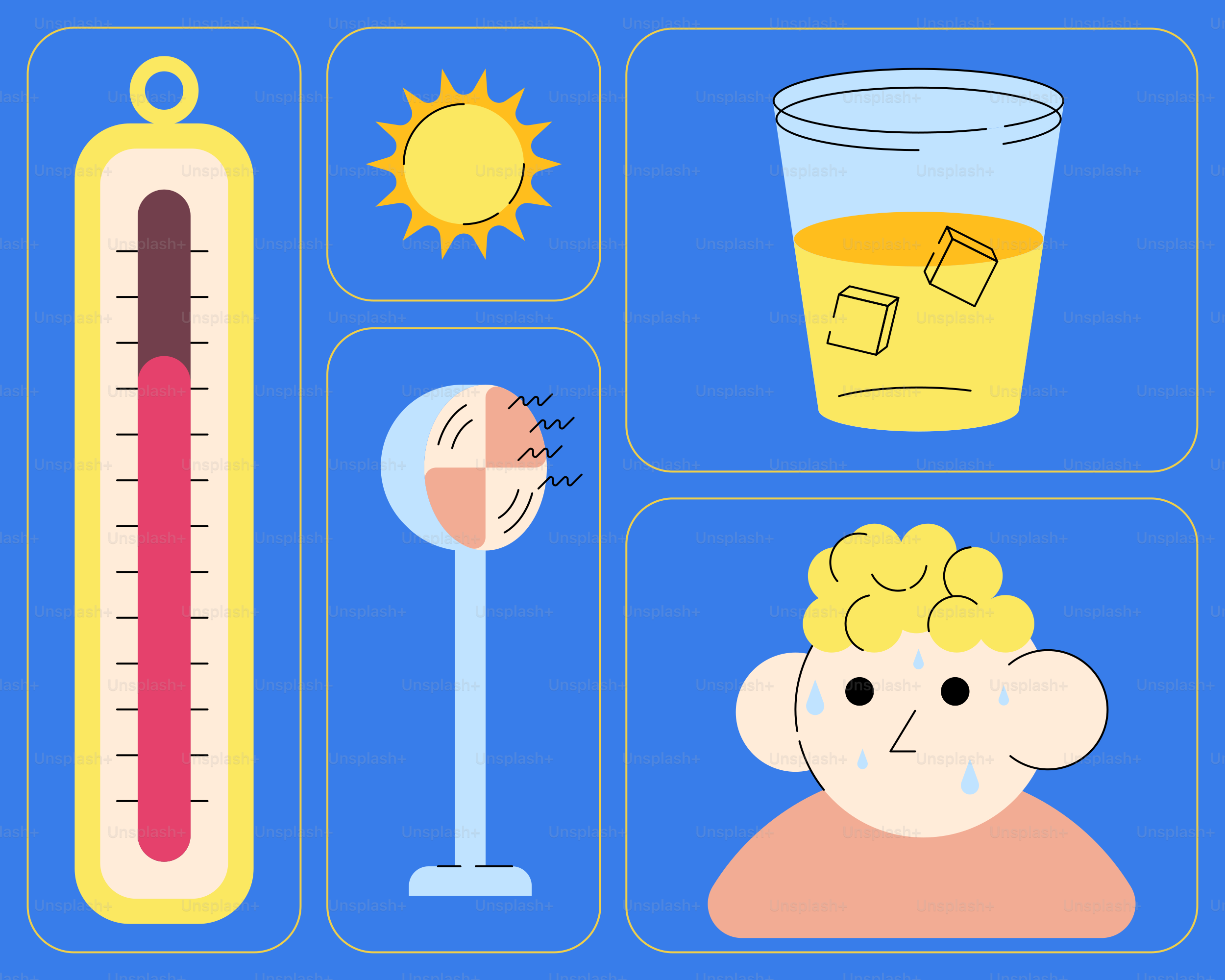 Essentiels pour la chaleur : thermomètre, soleil, ventilateur, boisson, personne