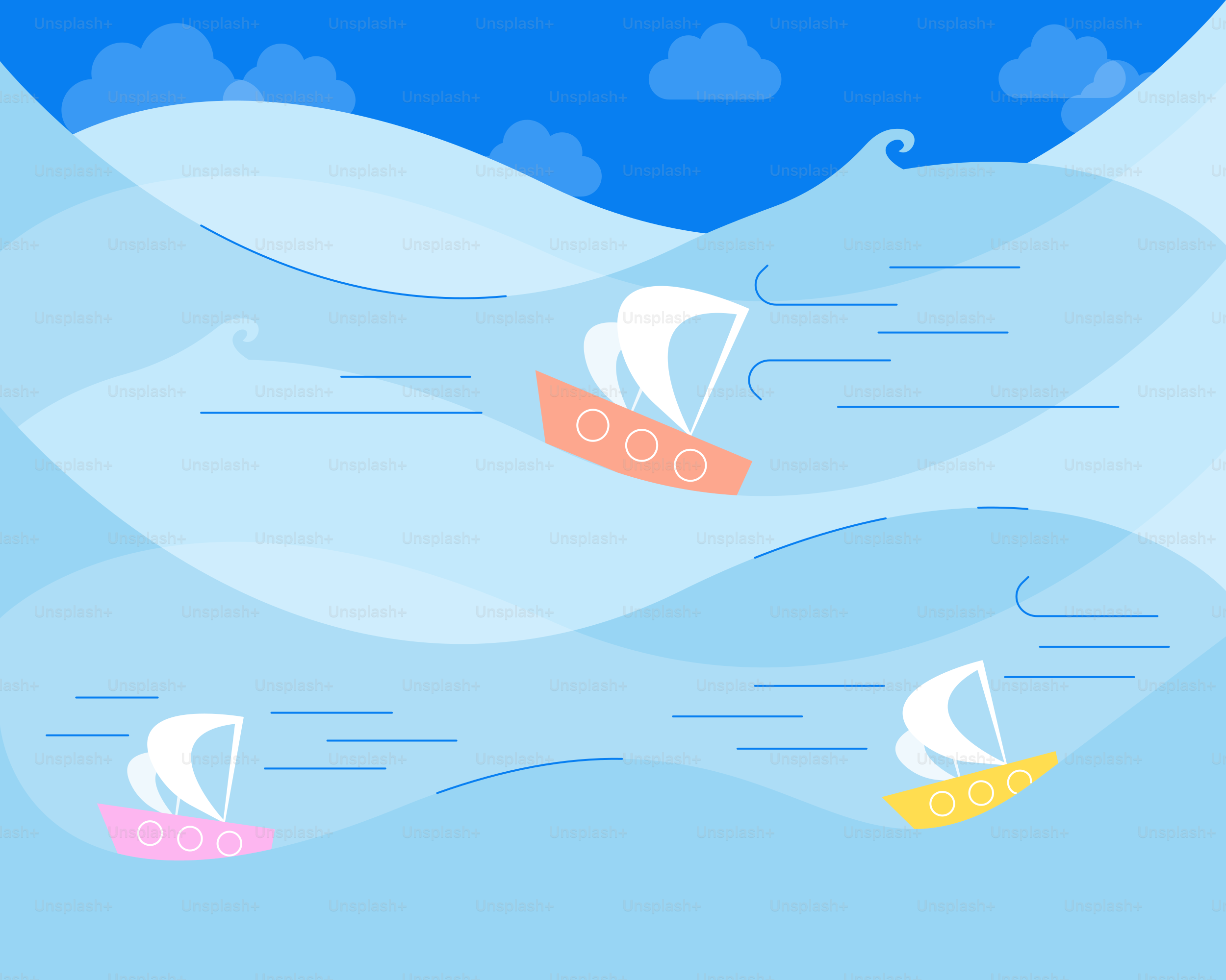 Three colorful sailboats race across blue waves