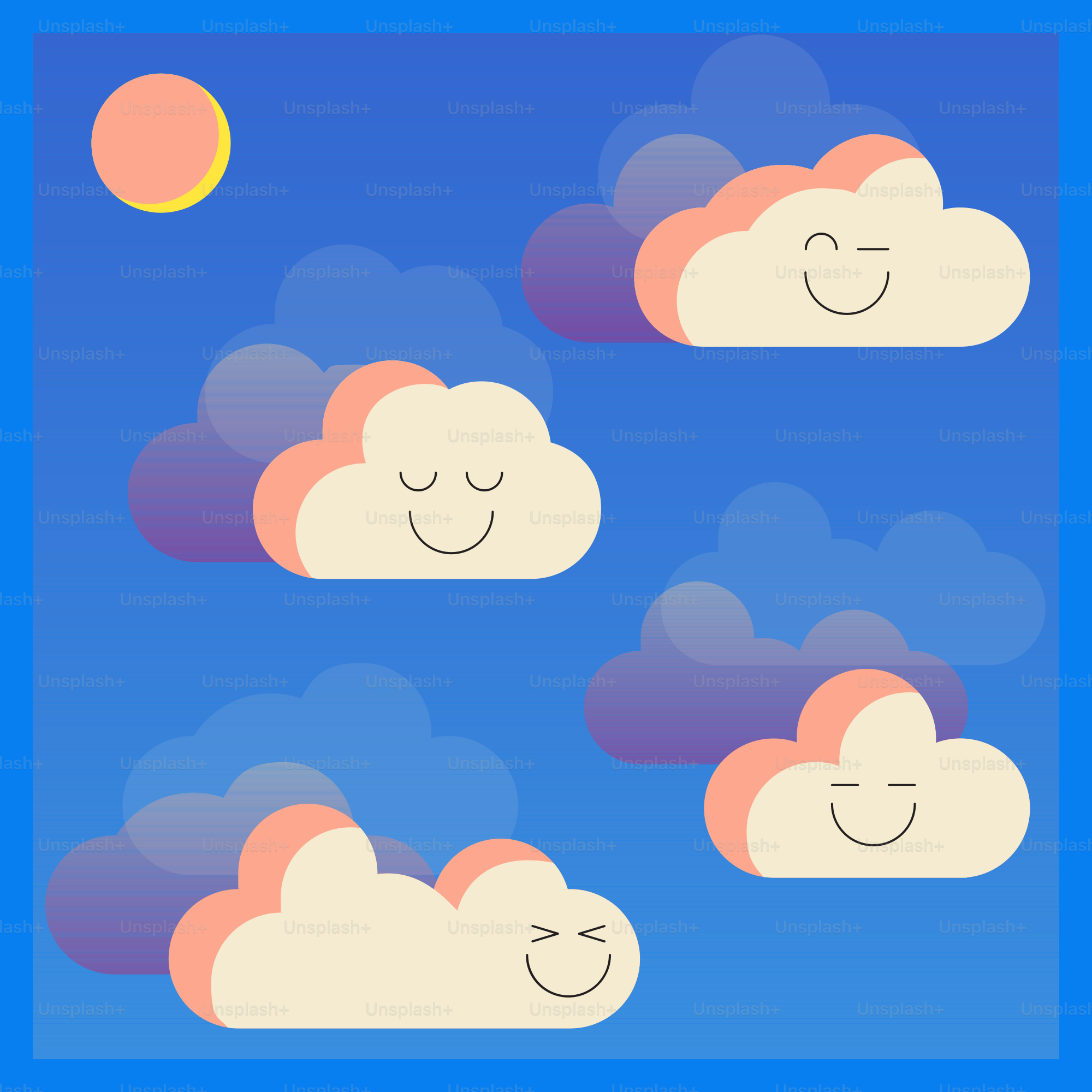 幸せな漫画の雲が青空に浮かんでいる