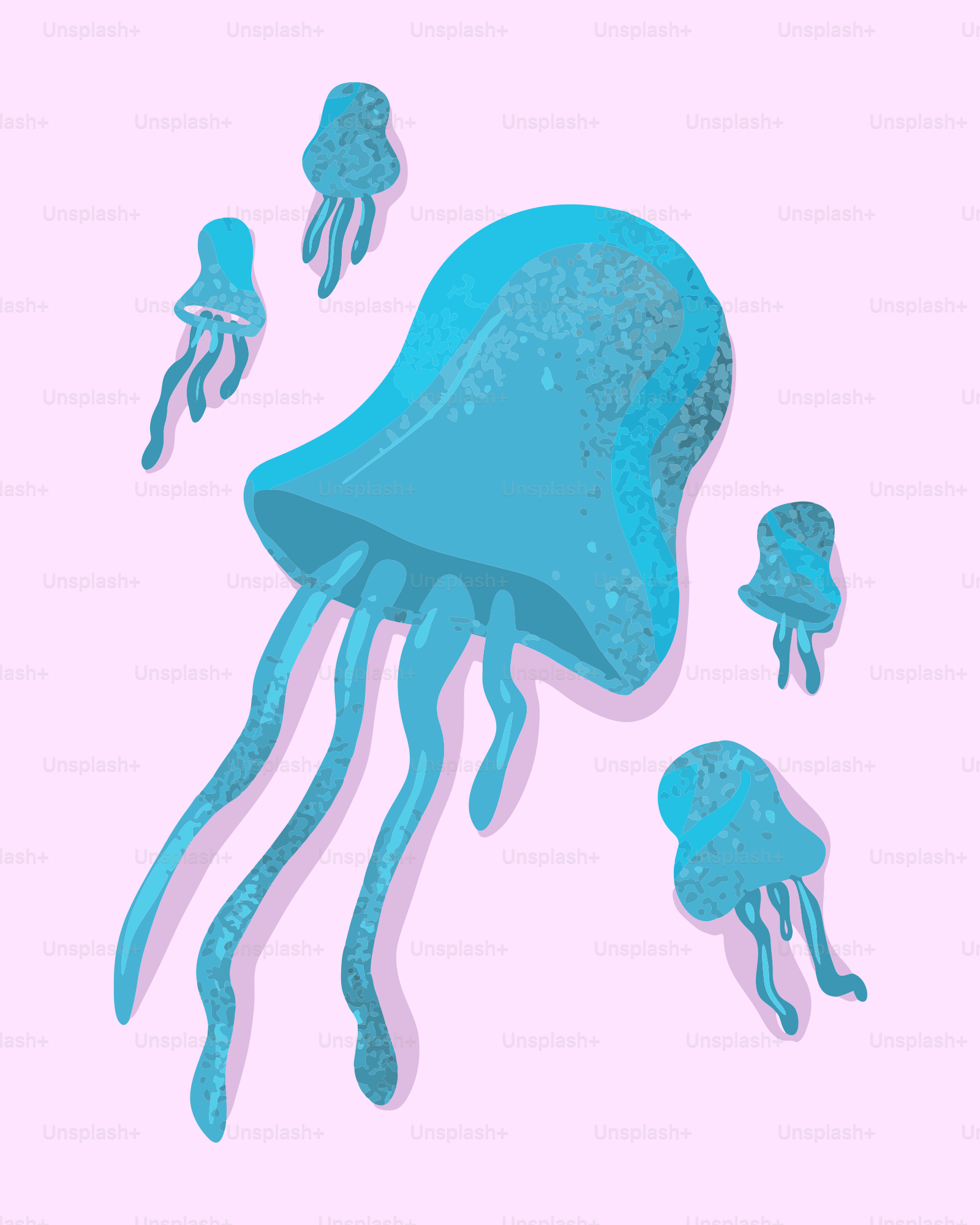 Several blue jellyfish floating on a pink background