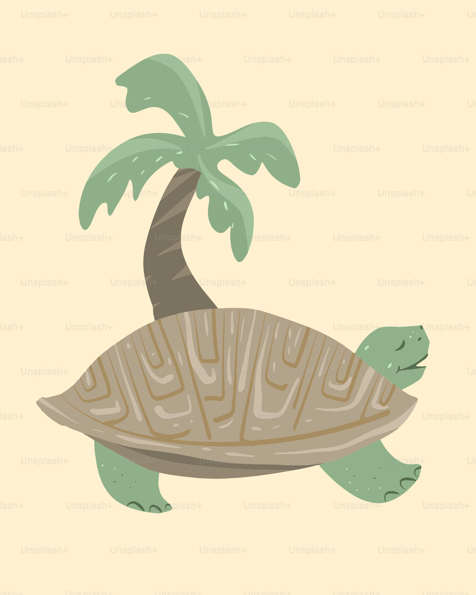 A turtle with a palm tree growing from its shell