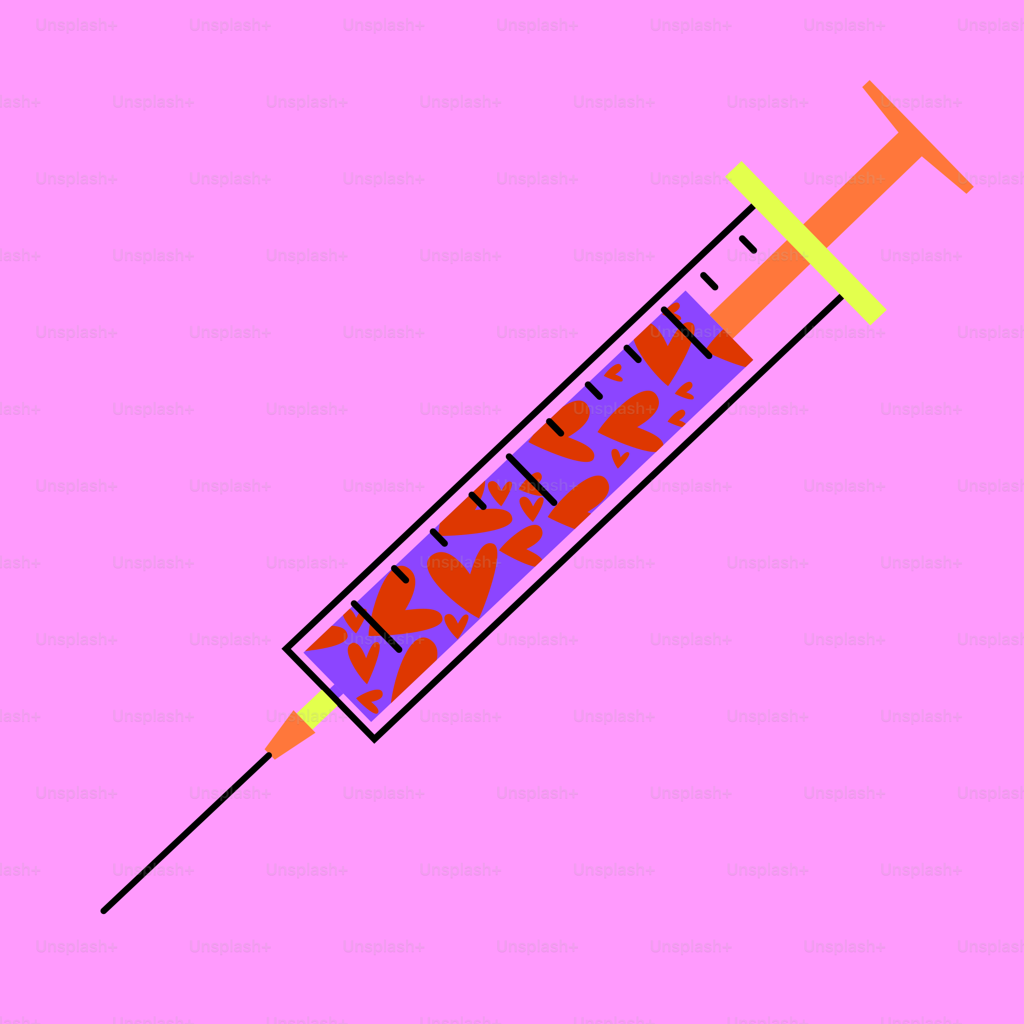 A syringe filled with purple liquid and red hearts.