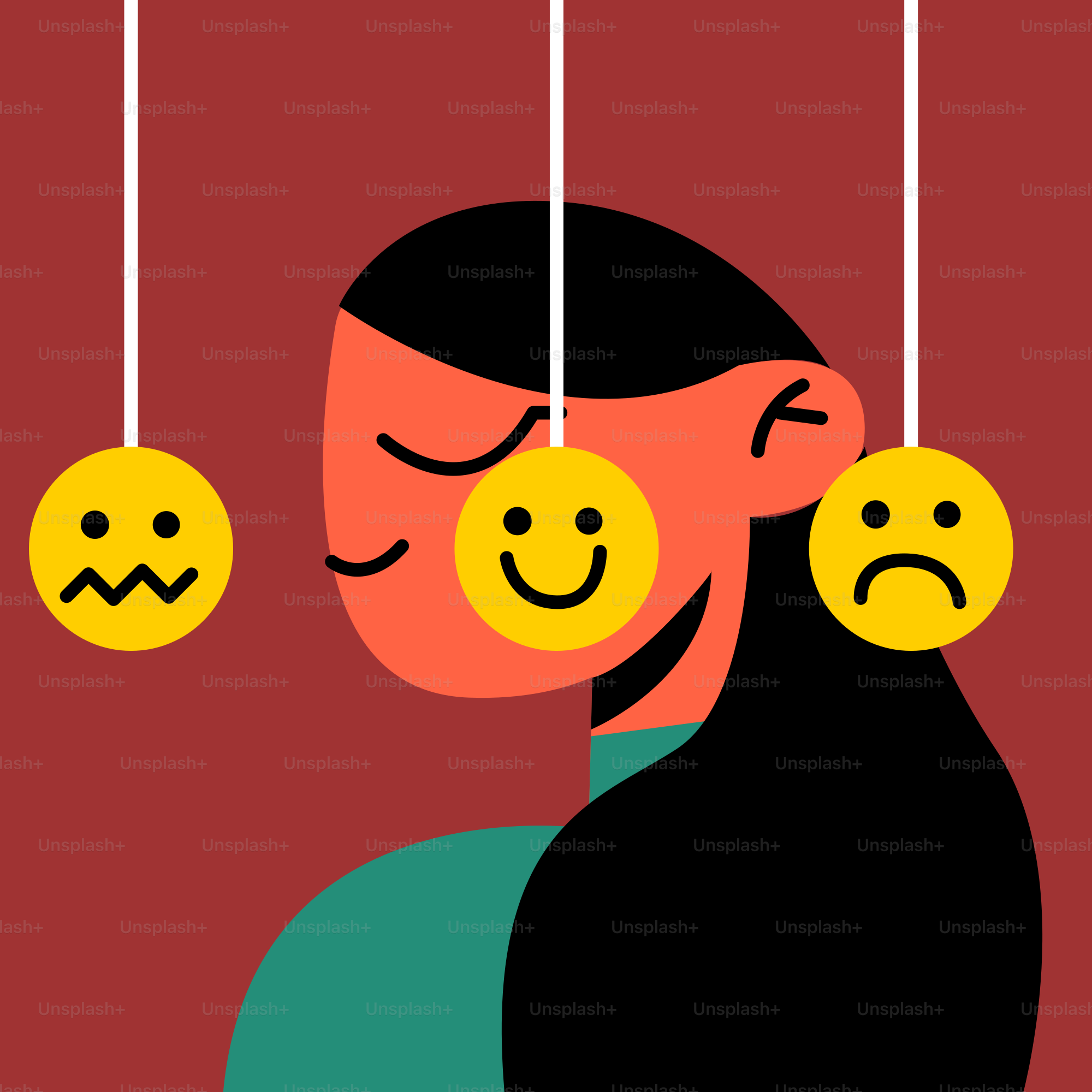 Donna con decorazioni per sorridenti appesi e viso triste
