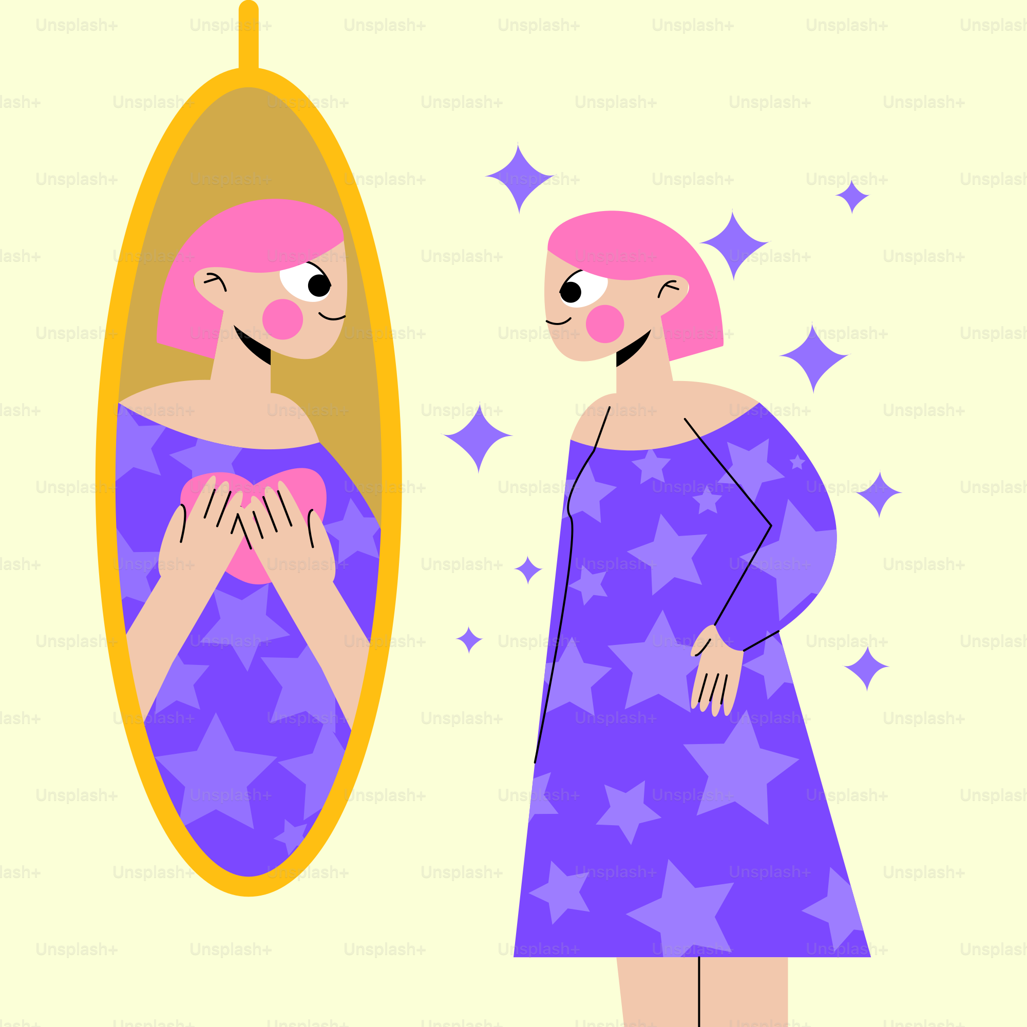 Donna che si ammira in uno specchio con le stelle