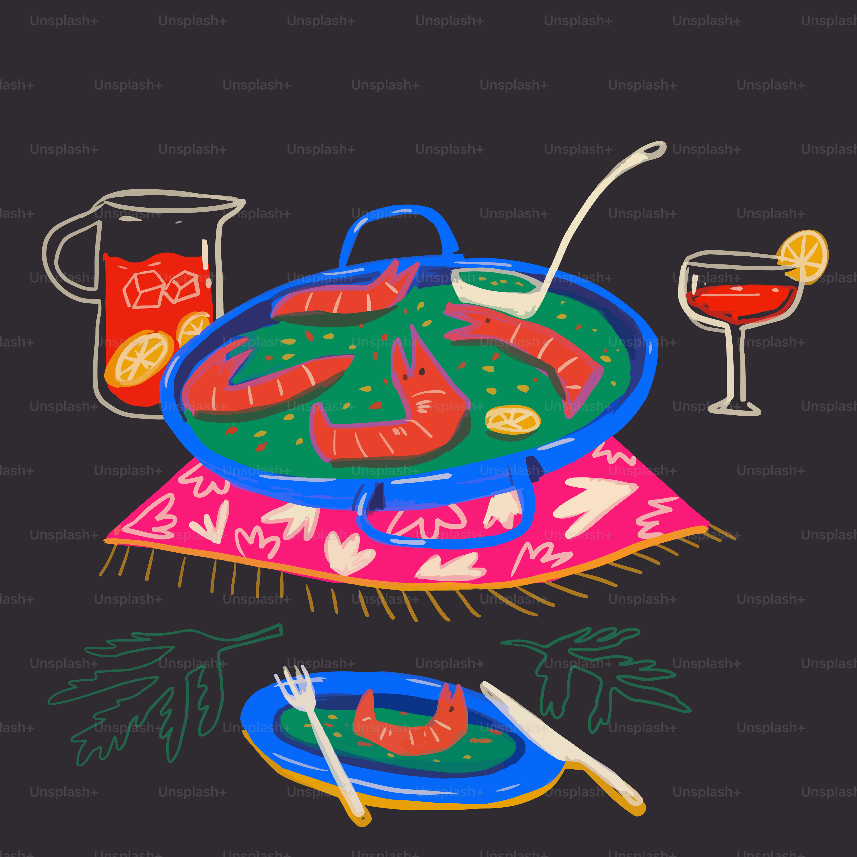 Paella aux crevettes servie avec sangria et garniture de citron