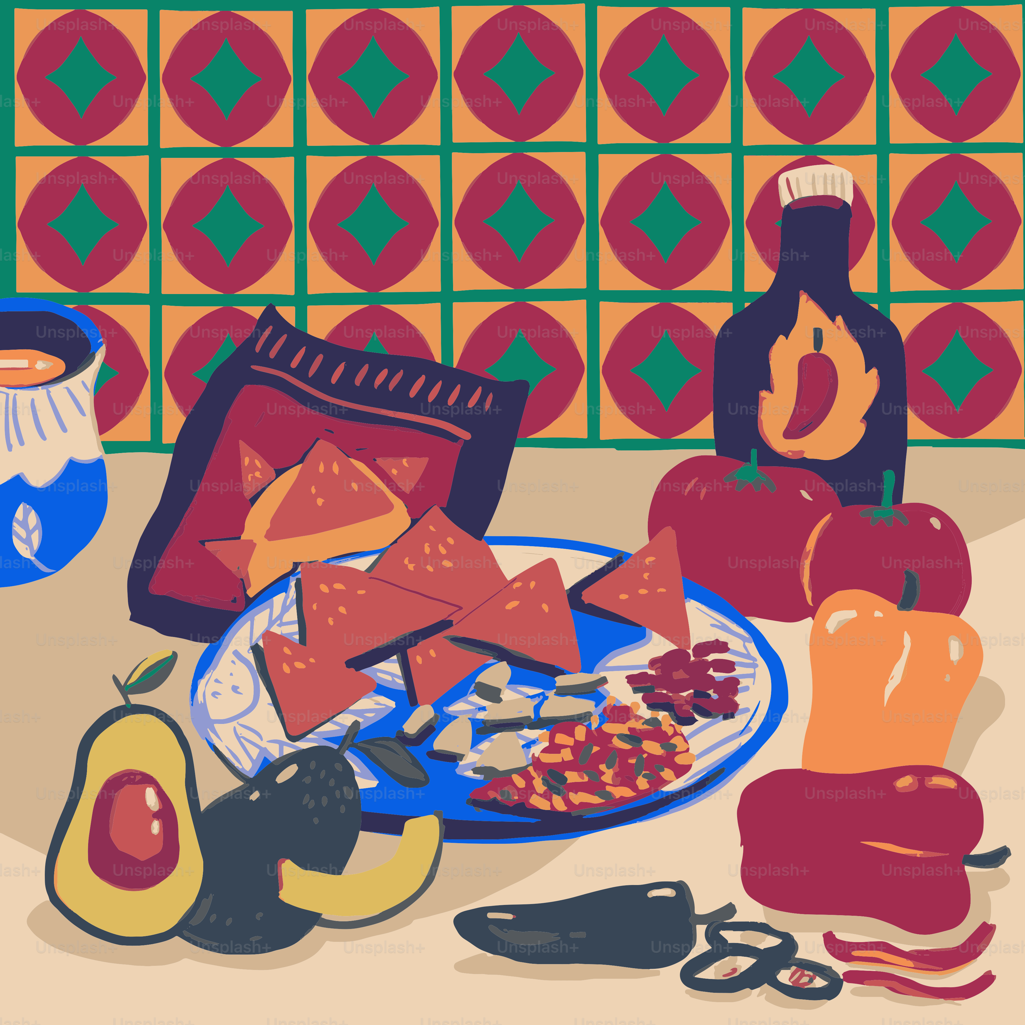 Nachos, avocat, poivrons et sauce piquante sur une table