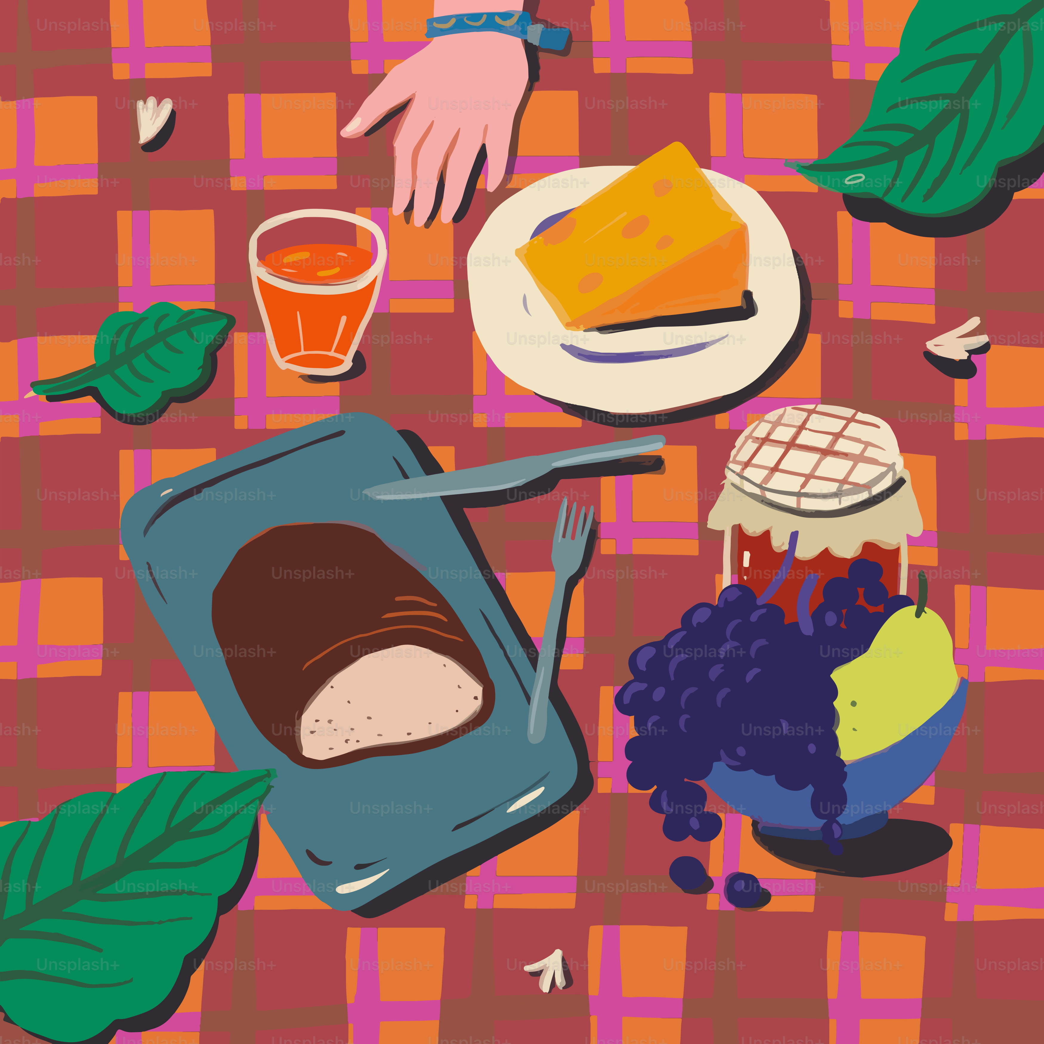 Un buffet de pique-avec fromage, pain, raisins et boissons.