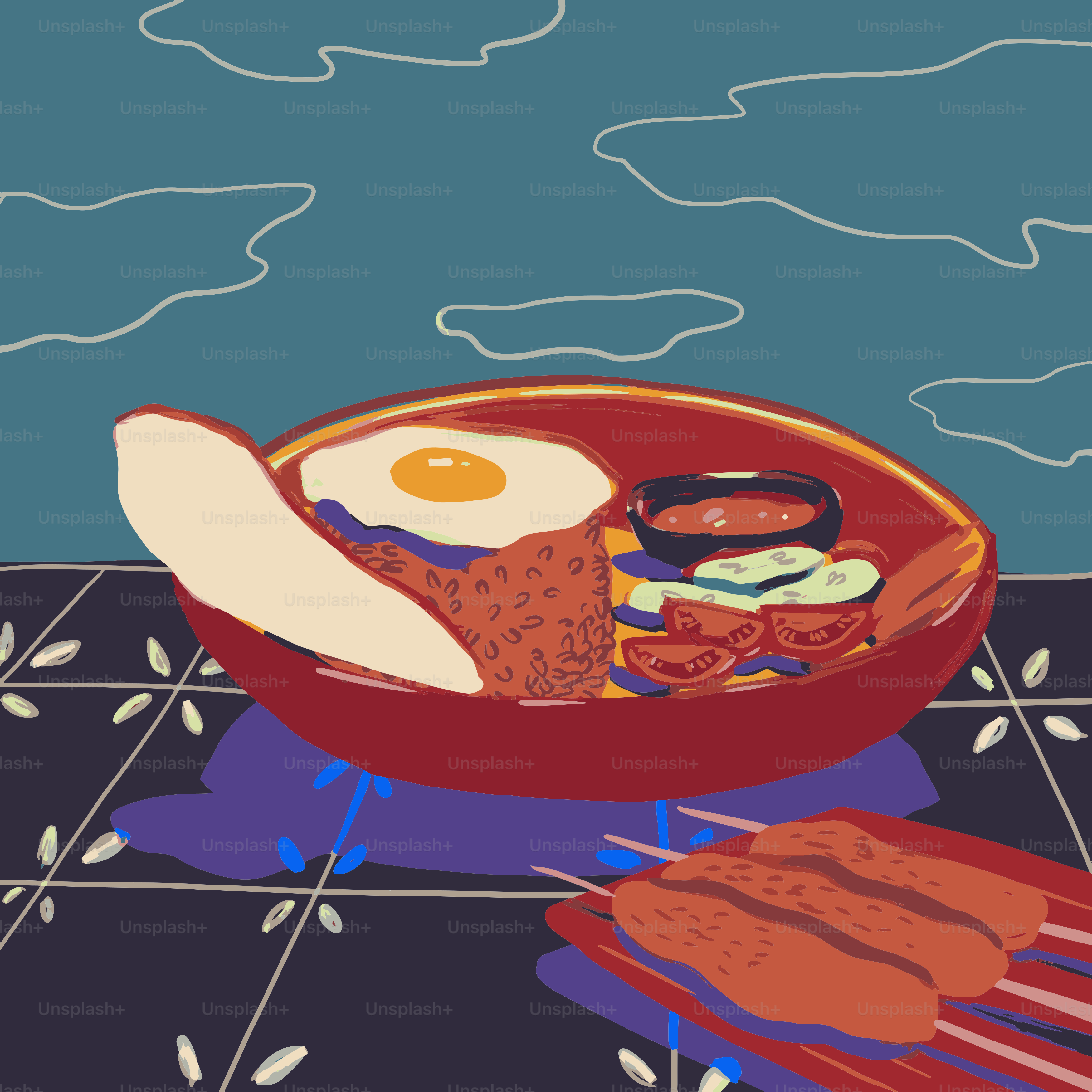 Un bol de riz avec un œuf au plat et du satay