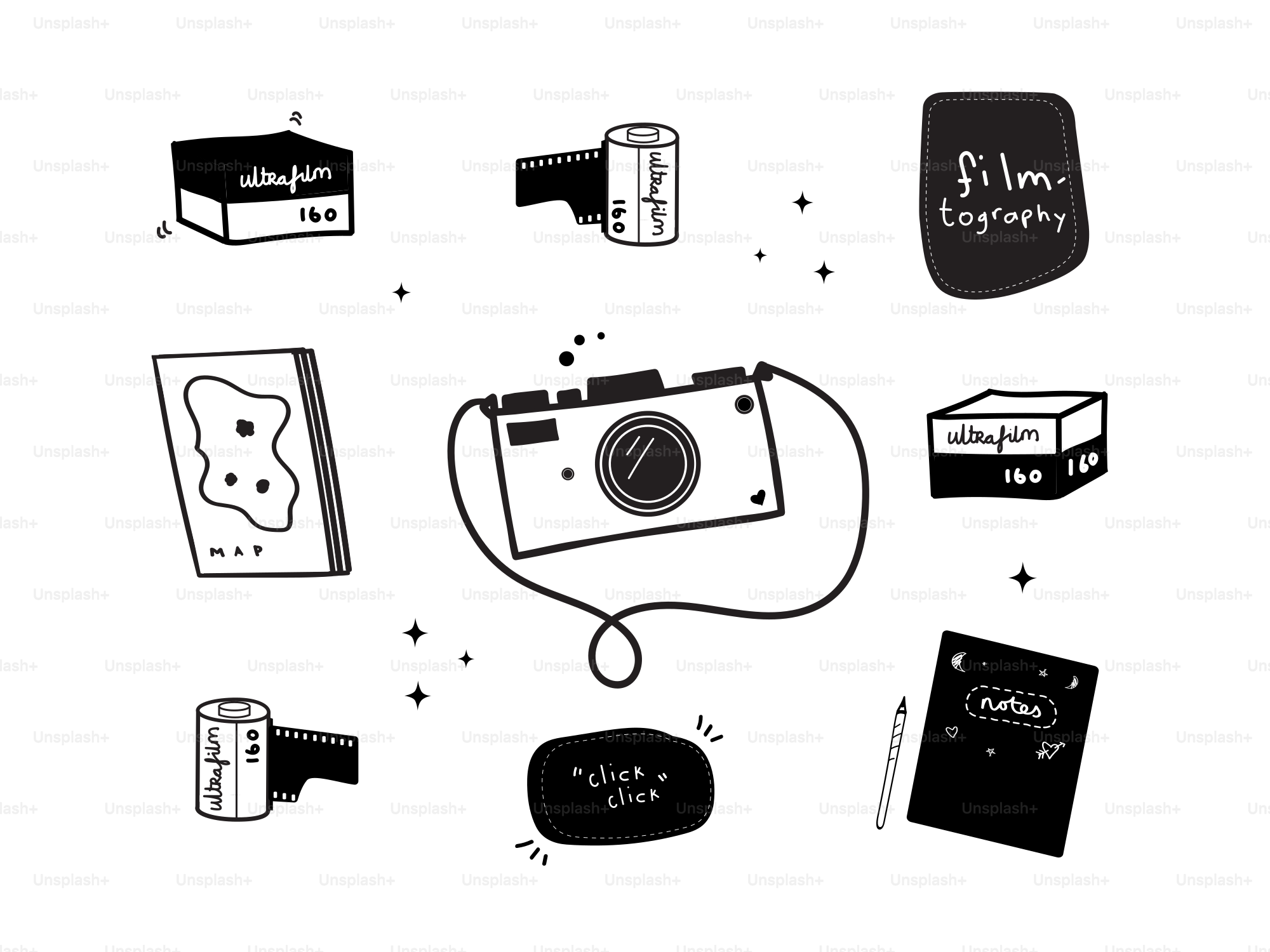 Collection of vintage film photography items and camera.