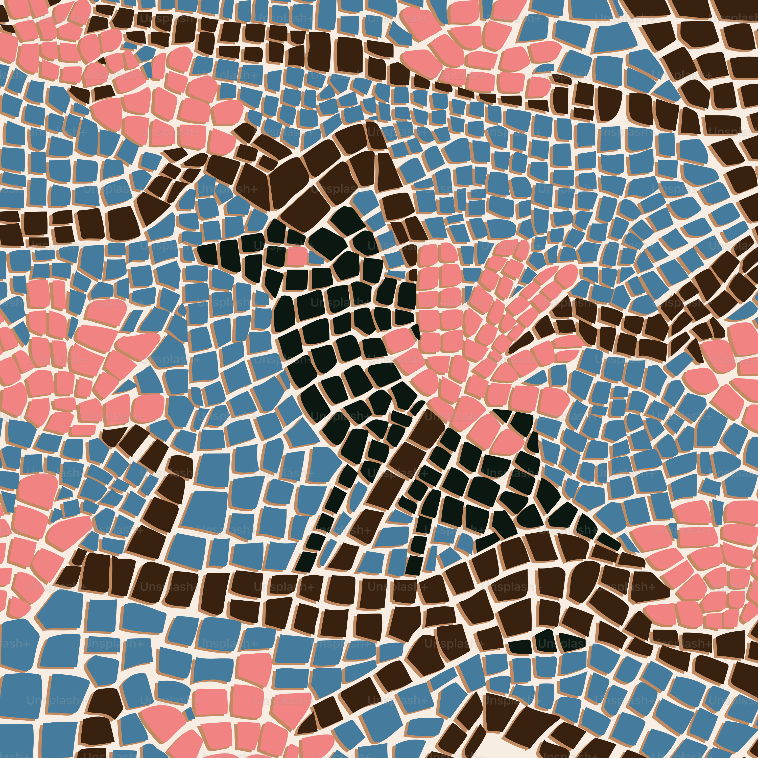A mosaic pattern with a blue, brown, and pink design