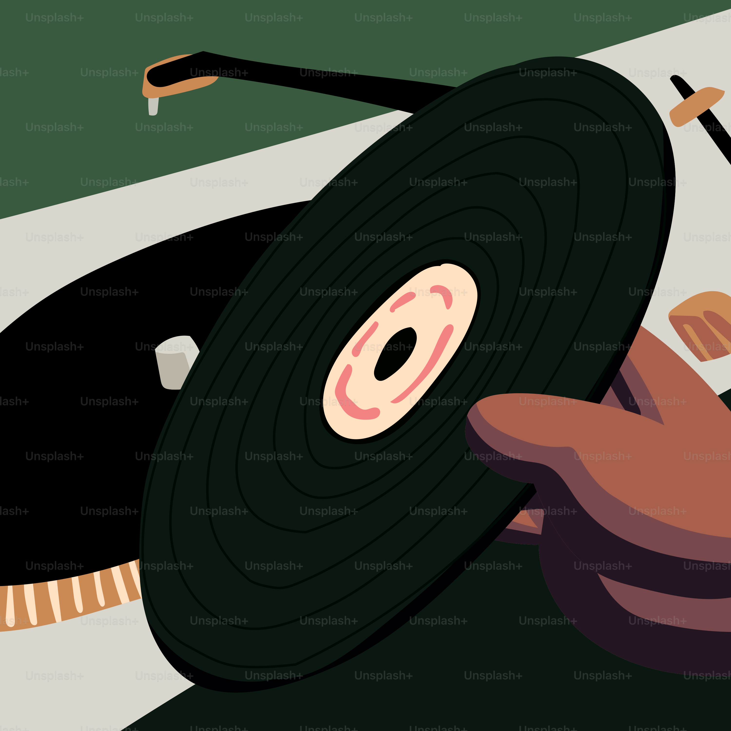 Hand holding a vinyl record over a turntable