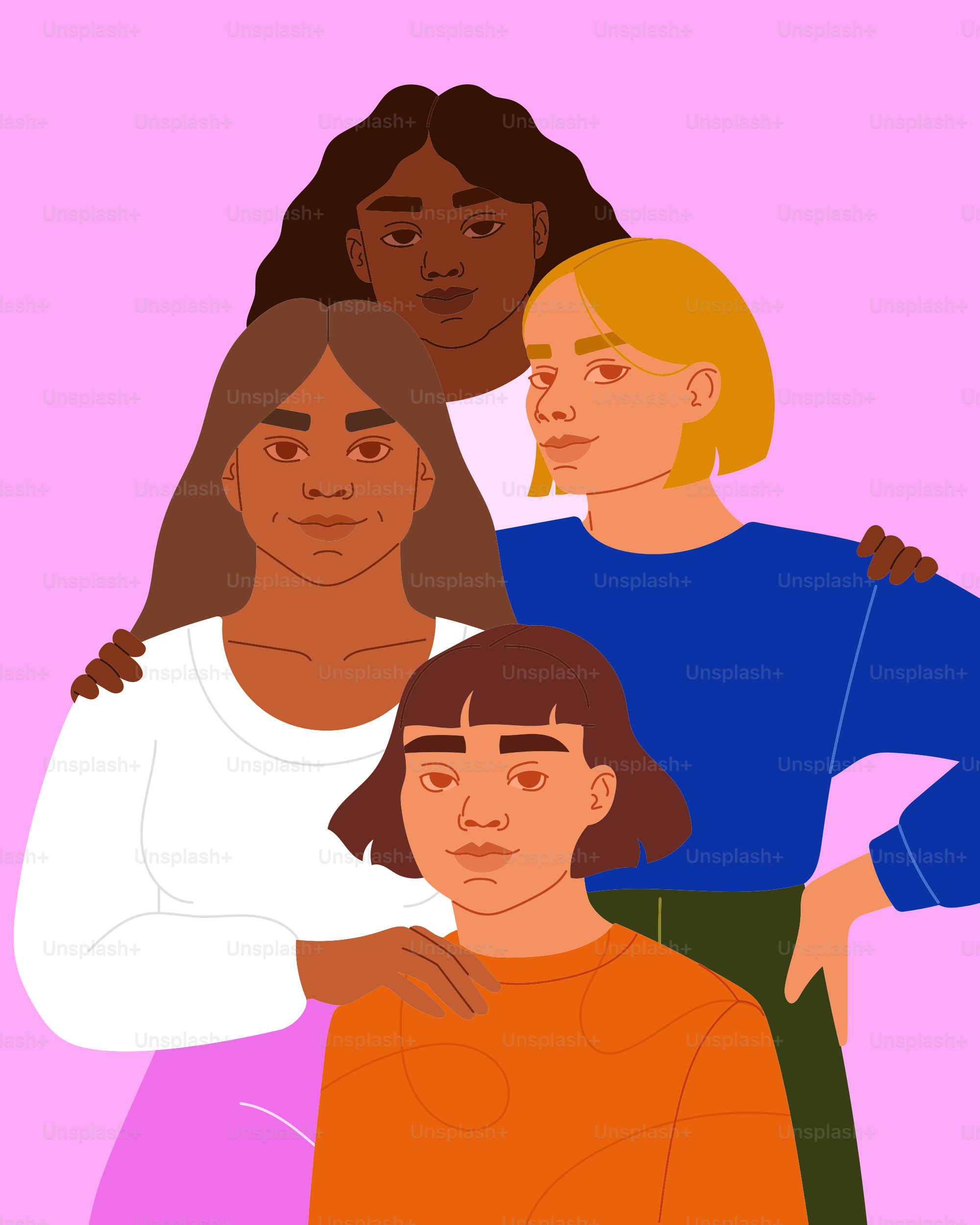 Vier verschiedene Frauen stehen vor einem rosa Hintergrund zusammen