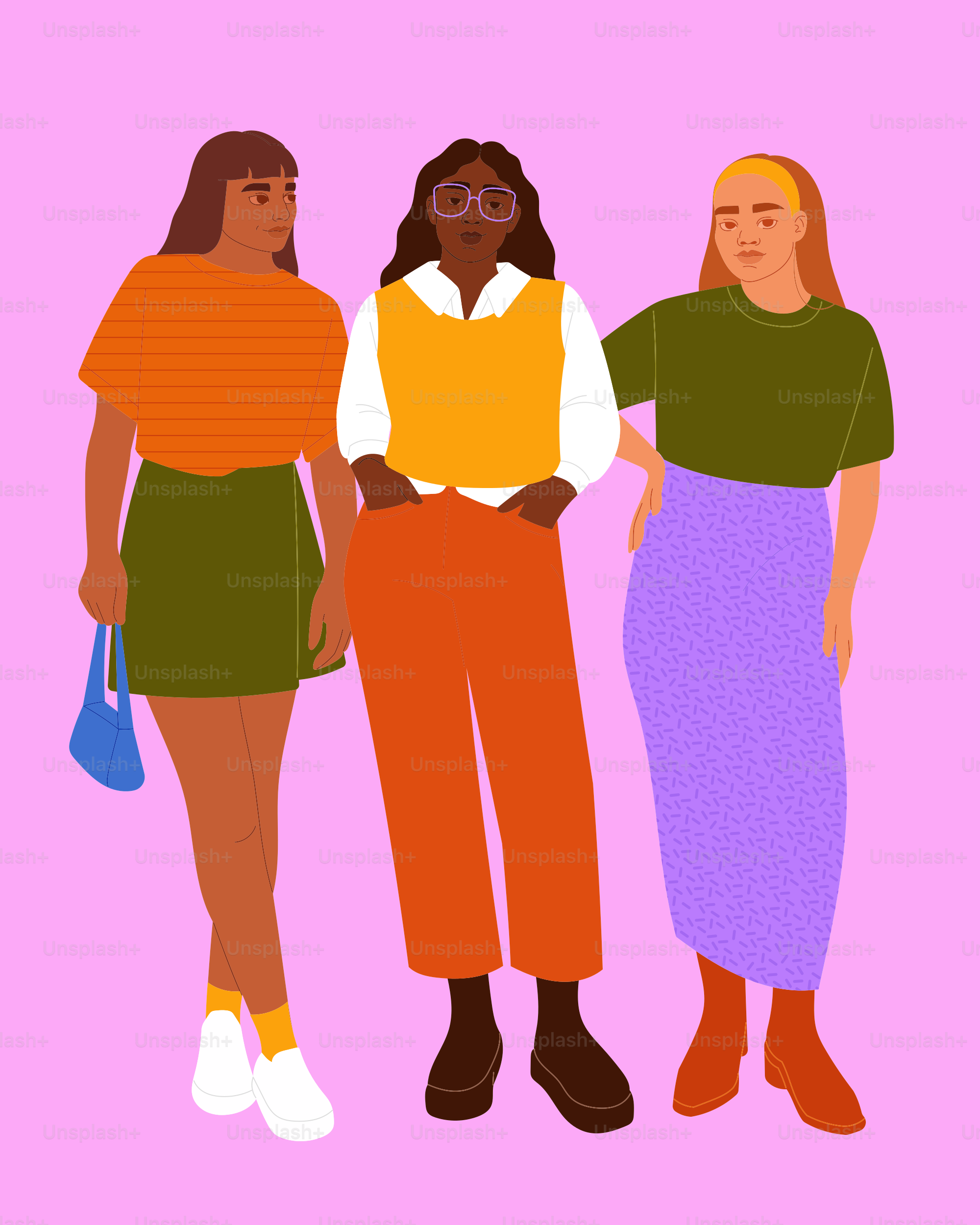 Three diverse women standing together against pink background