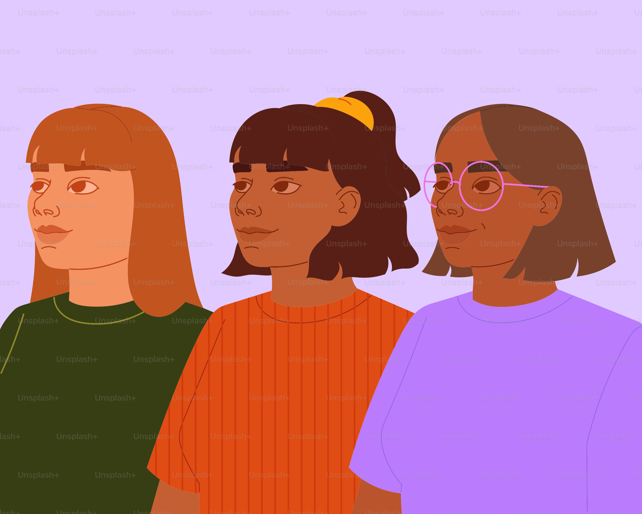 Tre donne con tonalità di pelle e capelli diversi.