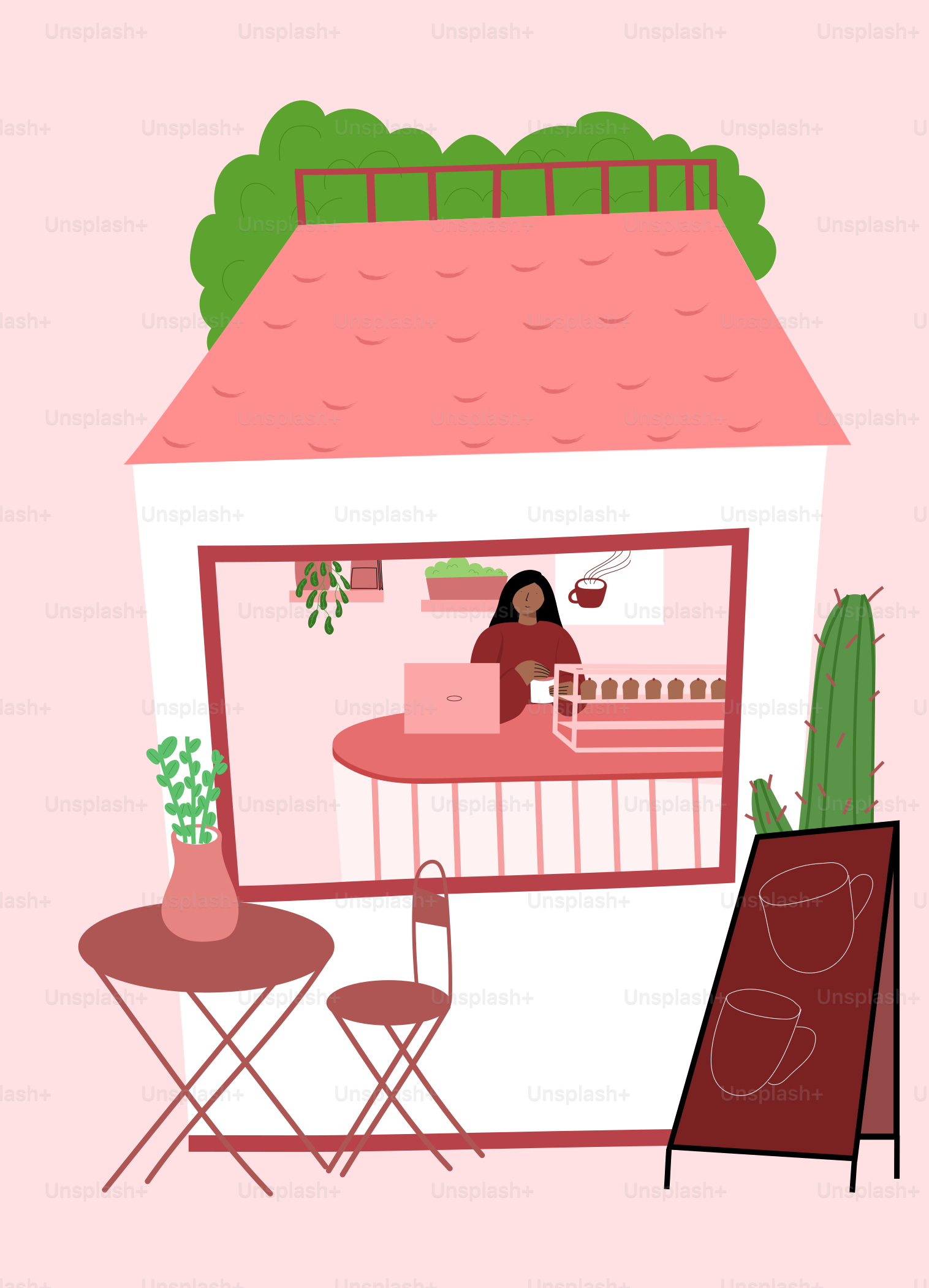 Frau, die an einem kleinen Café-Tresen mit Laptop arbeitet.