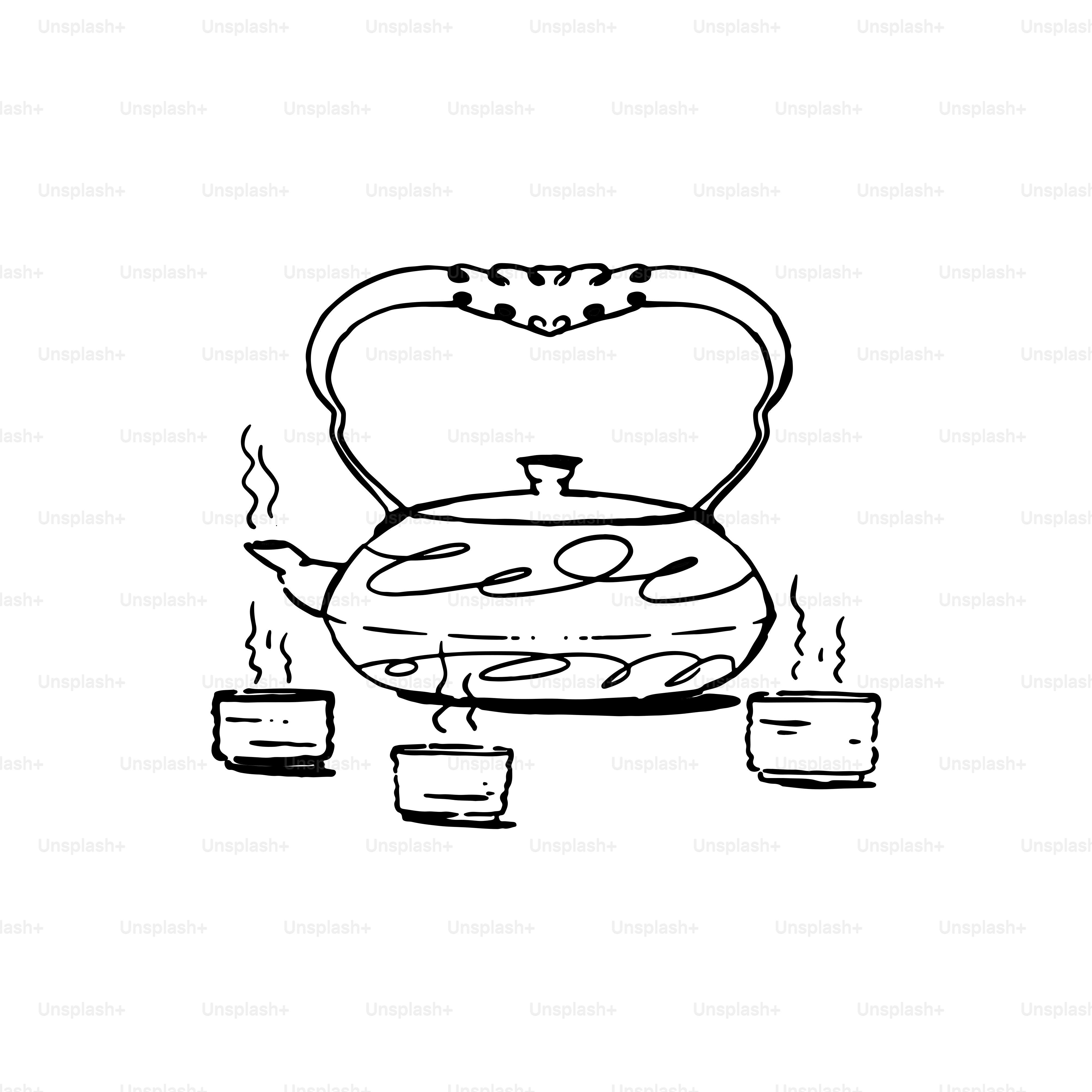 A teapot with three cups and steam