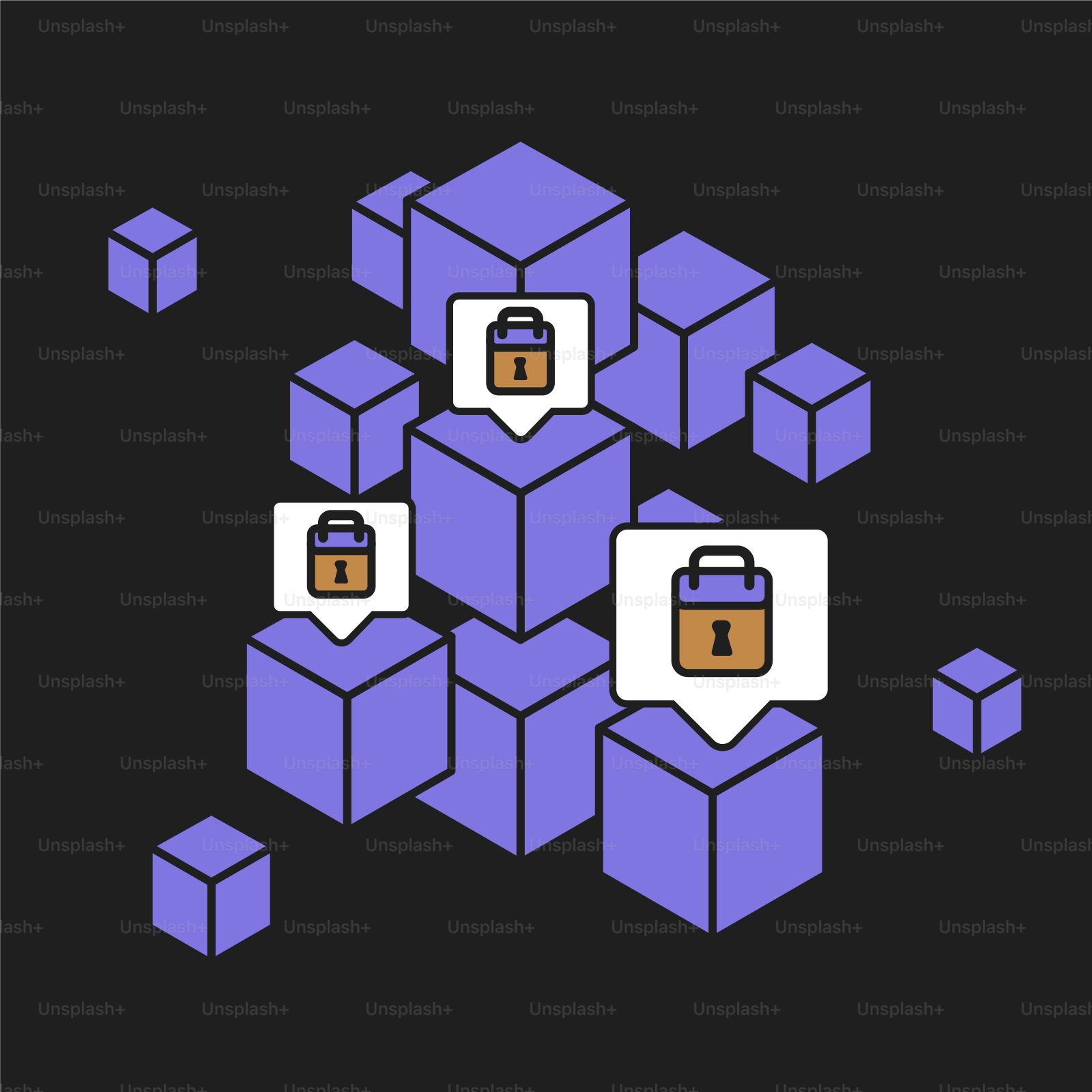 Purple cubes with lock icons on dark background