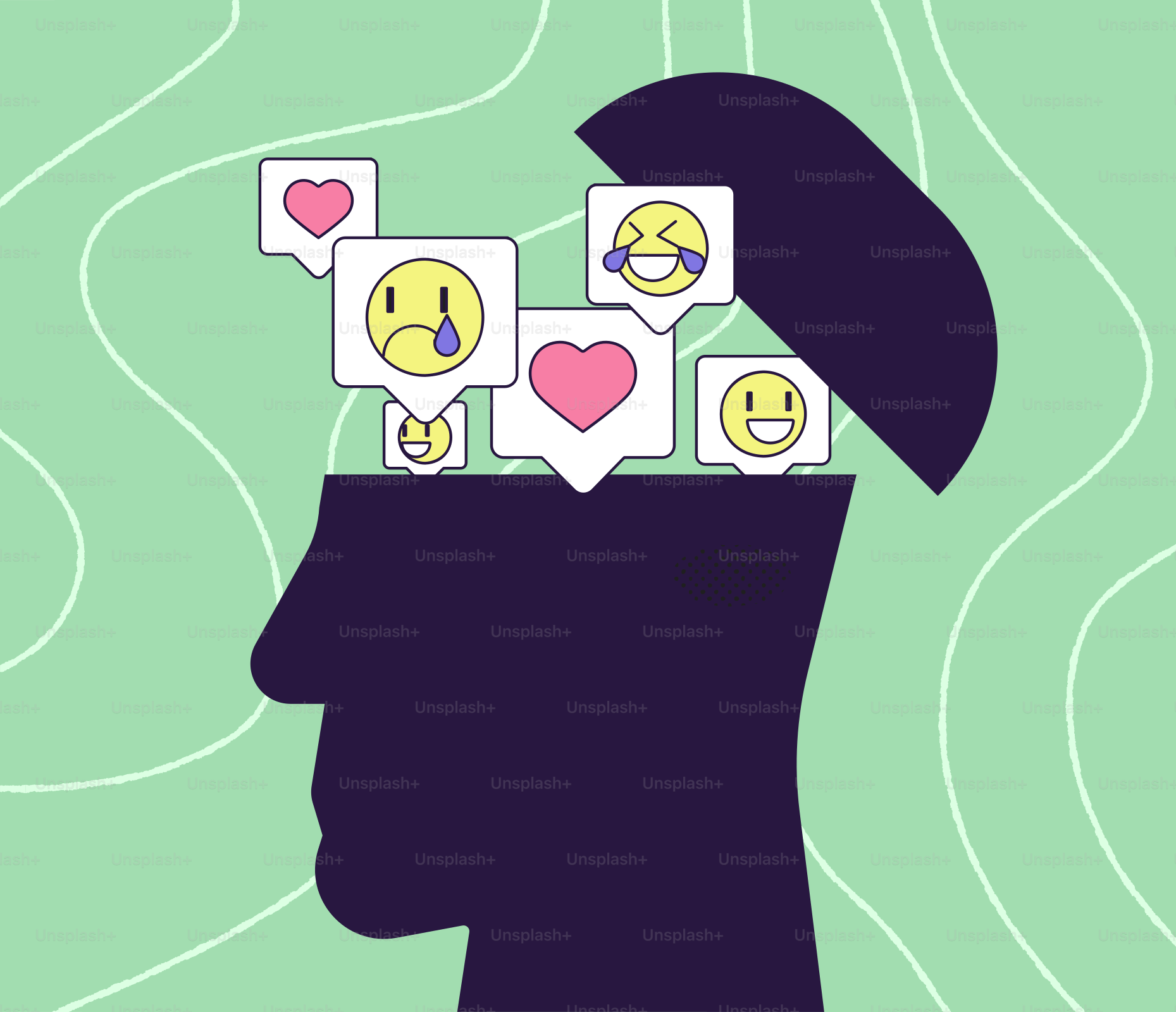 Emotions and social media reactions inside a silhouette head.