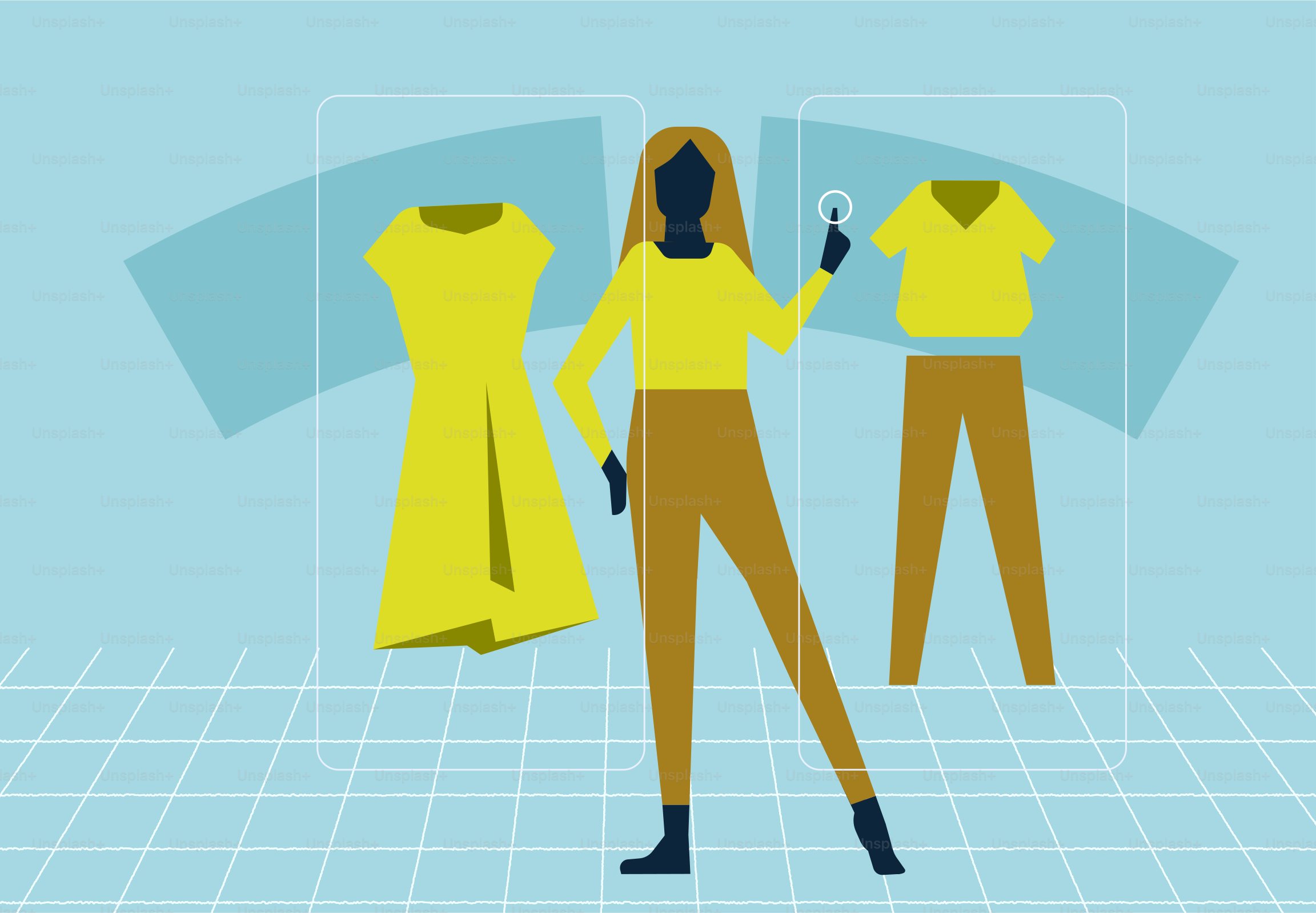 Mulher escolhendo roupas em uma exposição virtual de guarda-roupa
